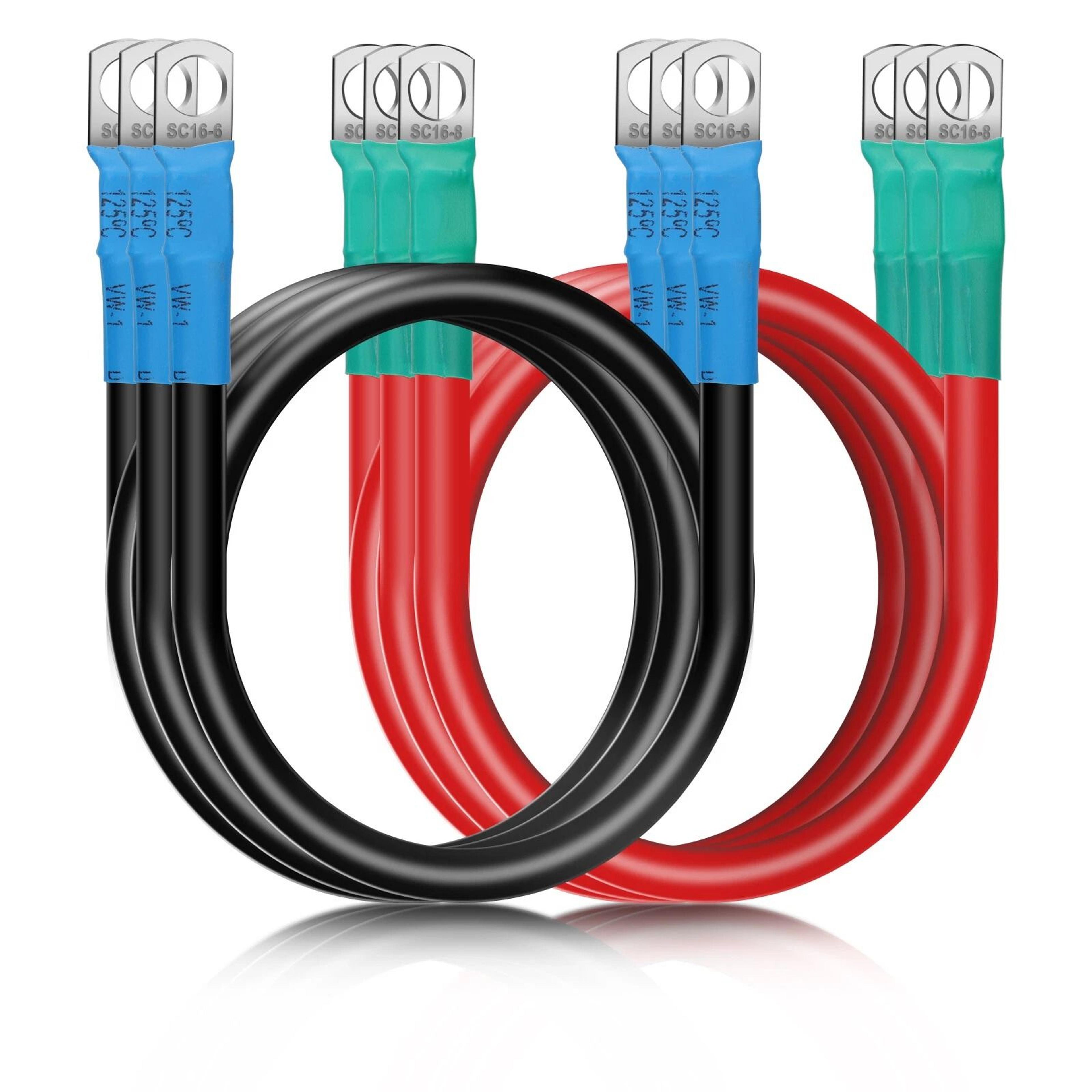 awg battery cables with tinned copper lugs, red & black marine inverter cables for car, boat, solar, battery