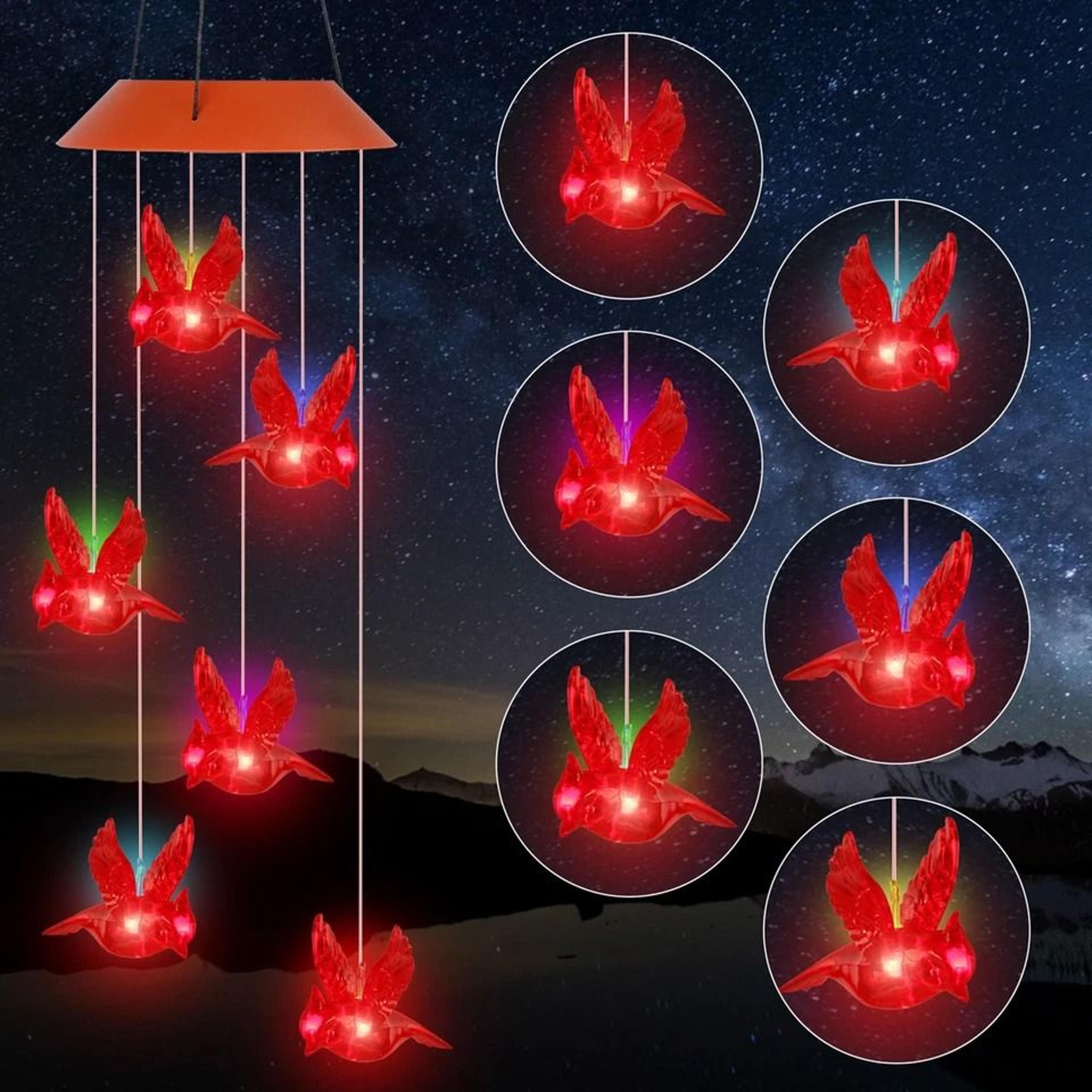 bird wind chimes light solar powered led red, outdoor garden yard hang home decor gift