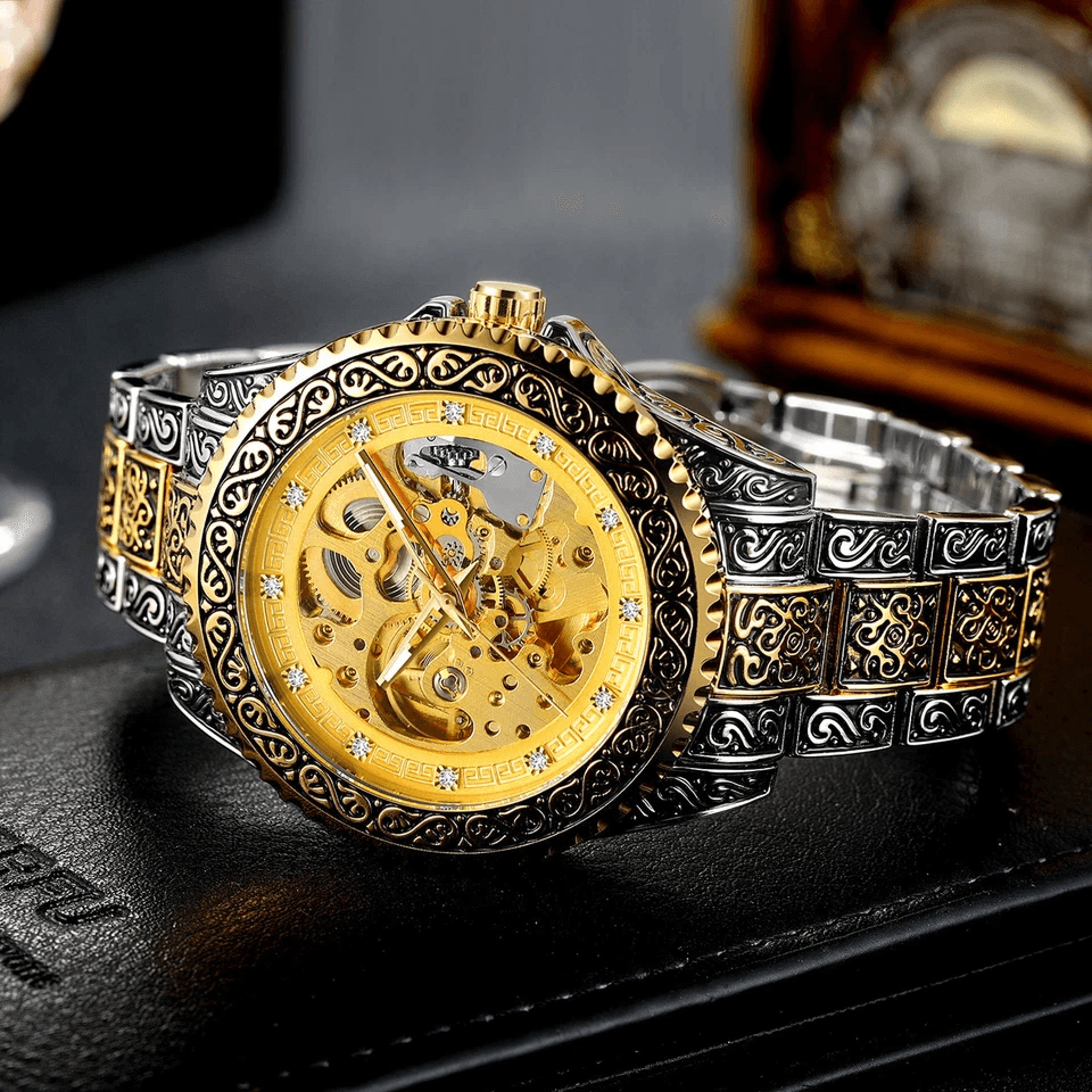 stainless steel luxury men watch, skeleton automatic mechanical carved wristwatch for business or casual