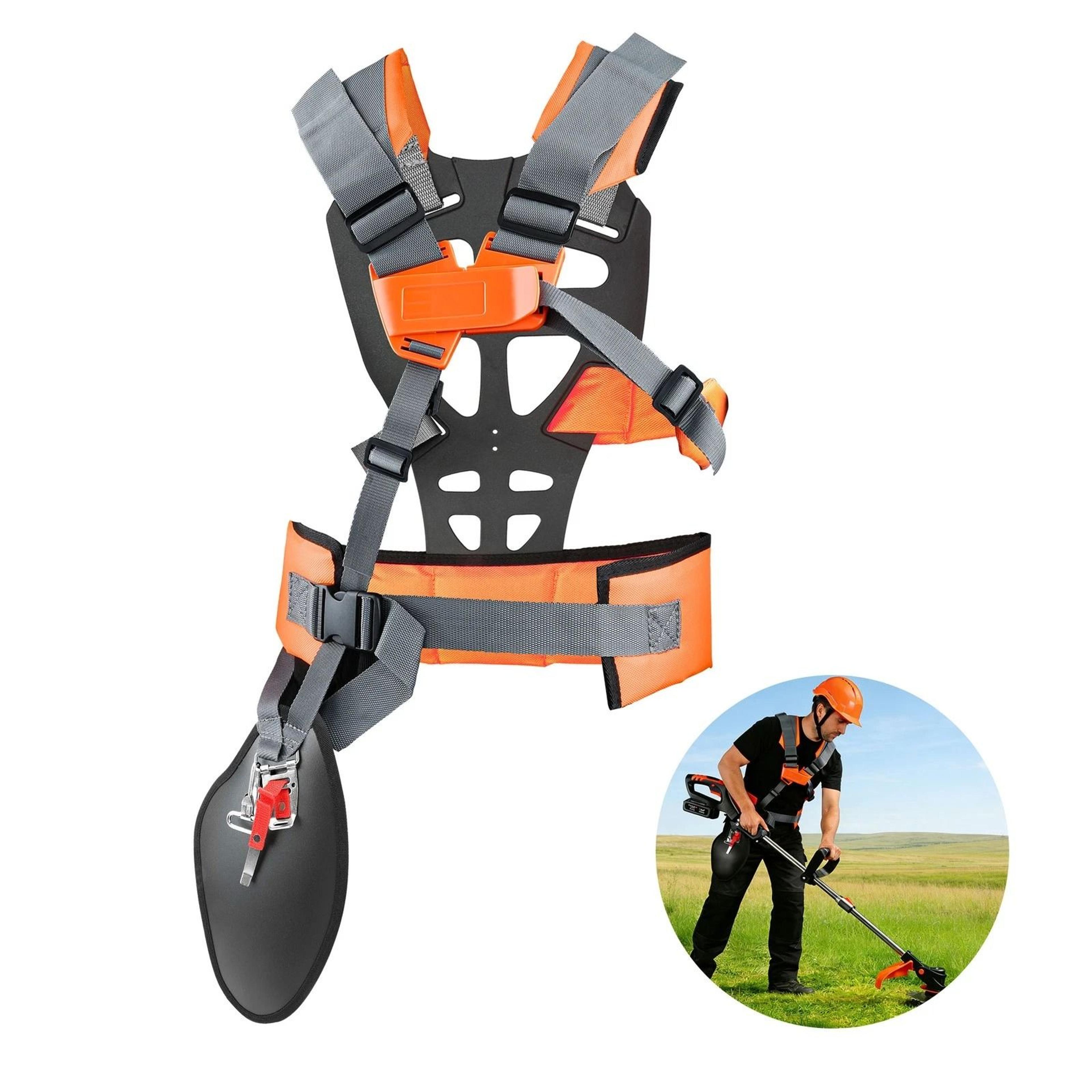adjustable heavy-duty double shoulder harness for brush cutter, durable trimmer strap for lawn care and landscaping