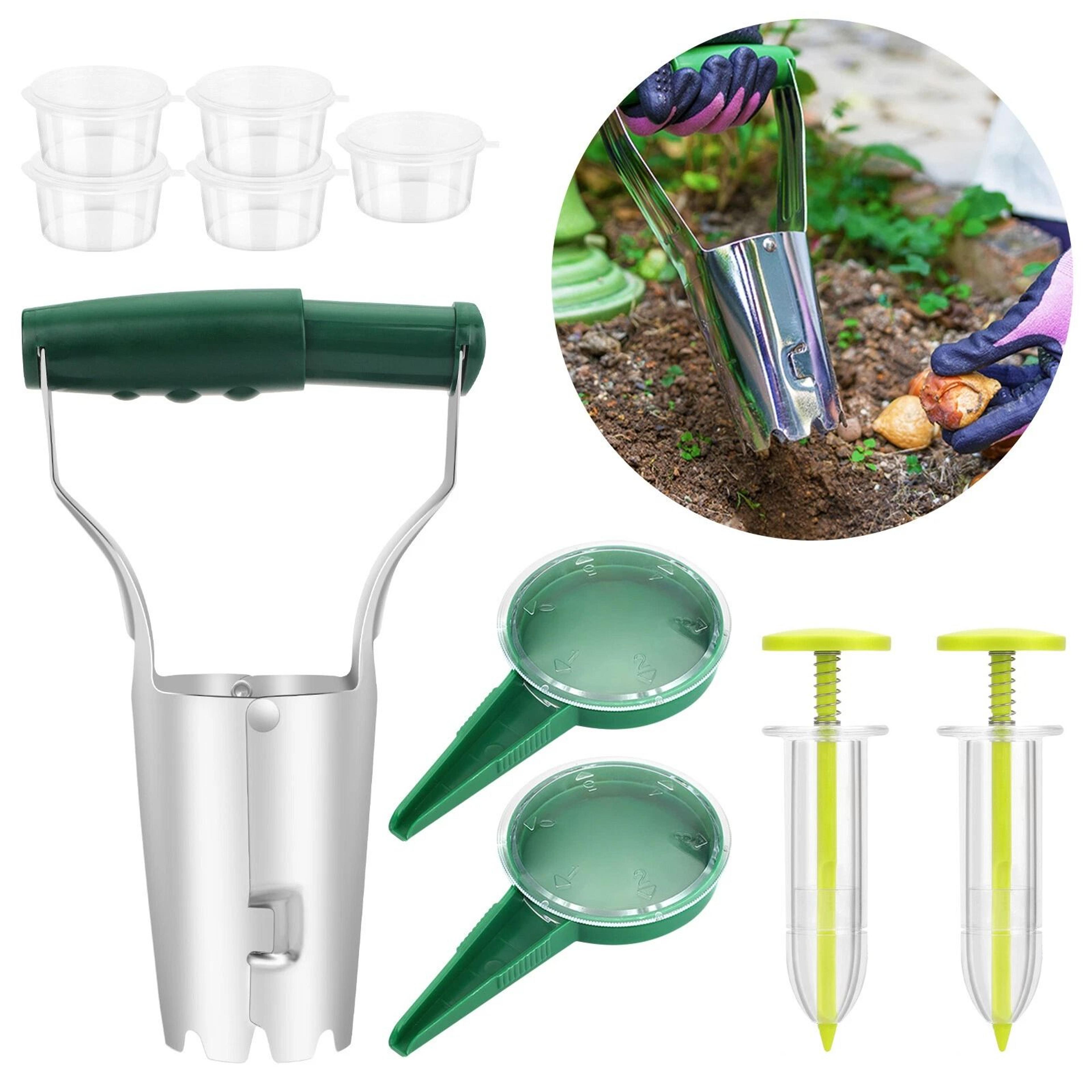 garden manual planter tool, bulb planter mini with seed sower dispenser, efficient spreader for tulips and flowers