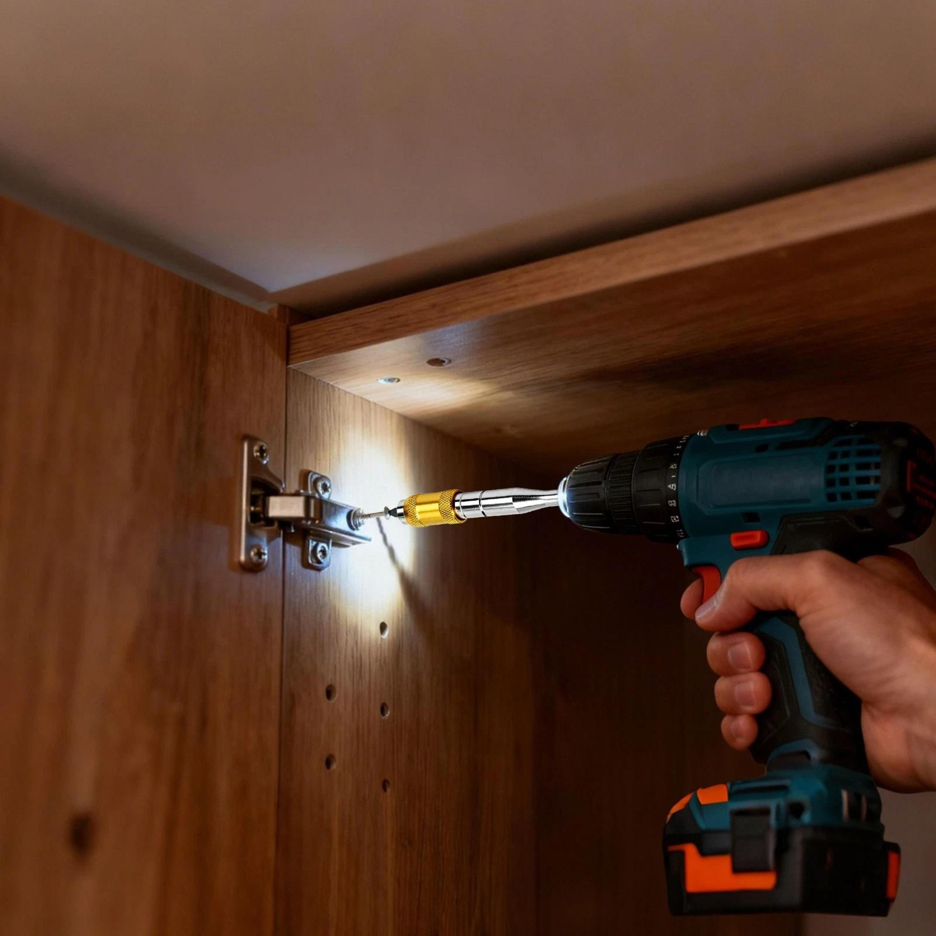 screwdriver drill bit holder with magnetic pivoting tip, hex shank, quick change extension rod for furniture