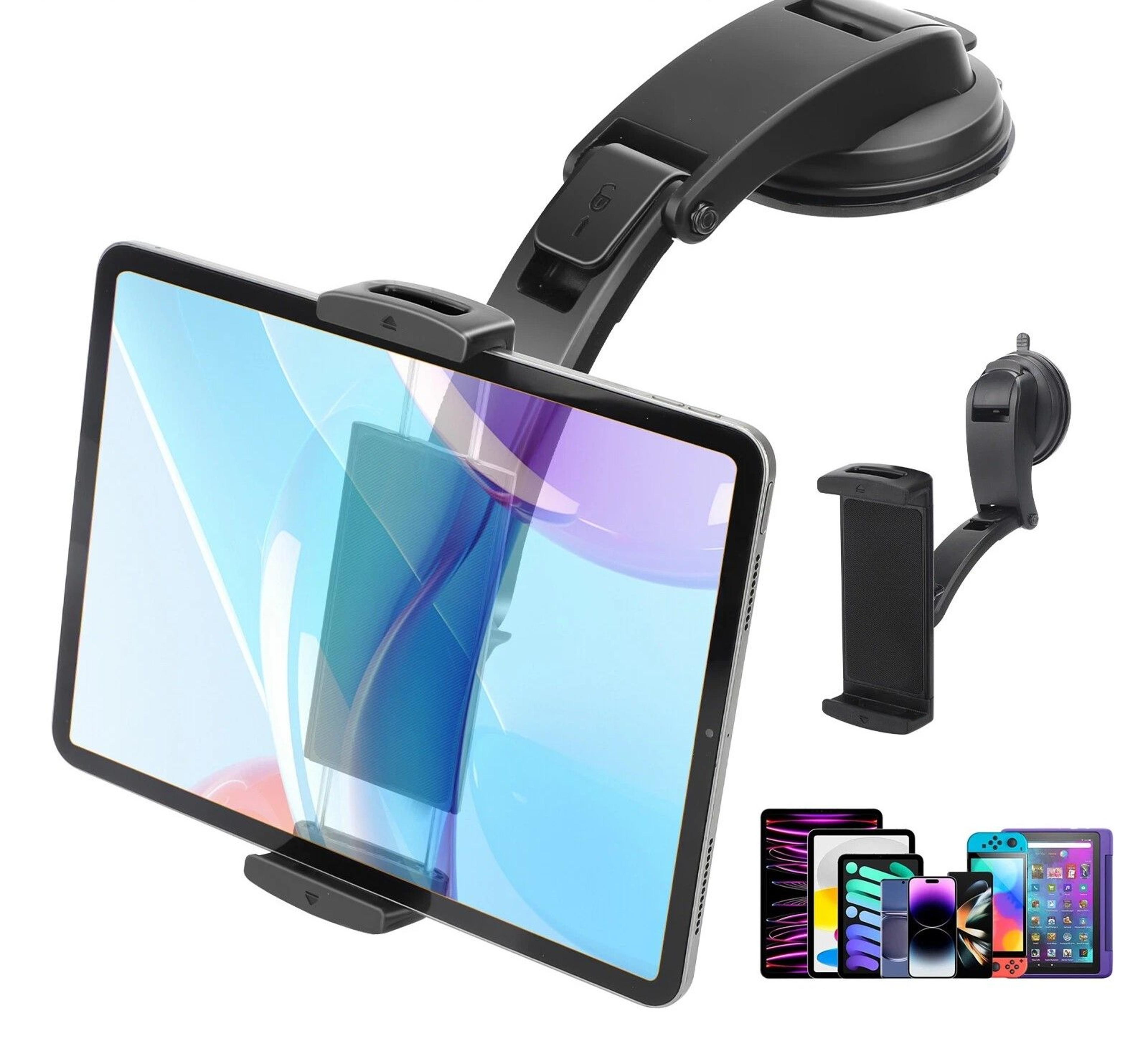 iphone, ipad car tablet holder with suction cup mount, adjustable 360° rotation, dashboard or windshield mount