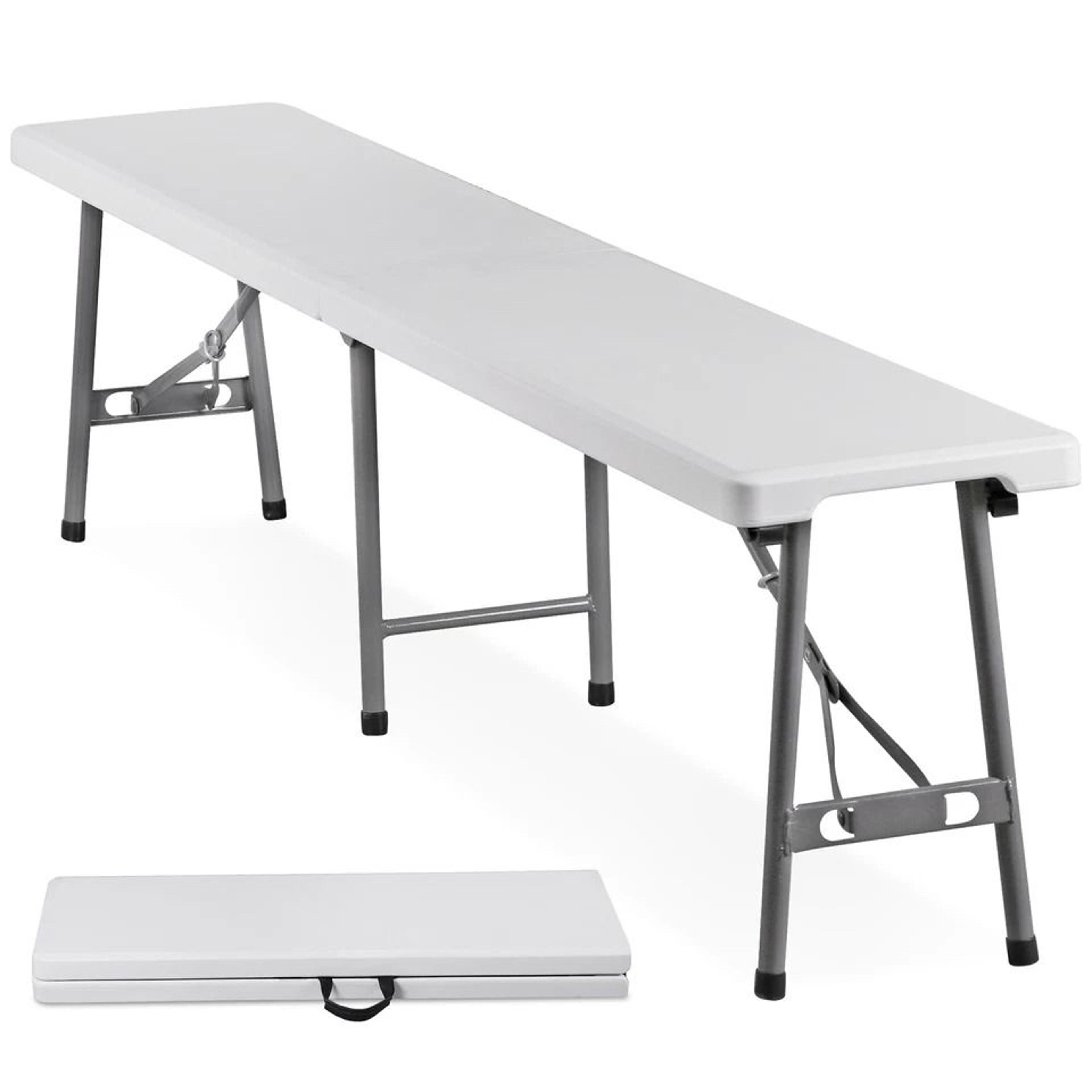 portable folding bench, white hdpe seat for picnic, camping, indoor/outdoor use, sturdy metal frame
