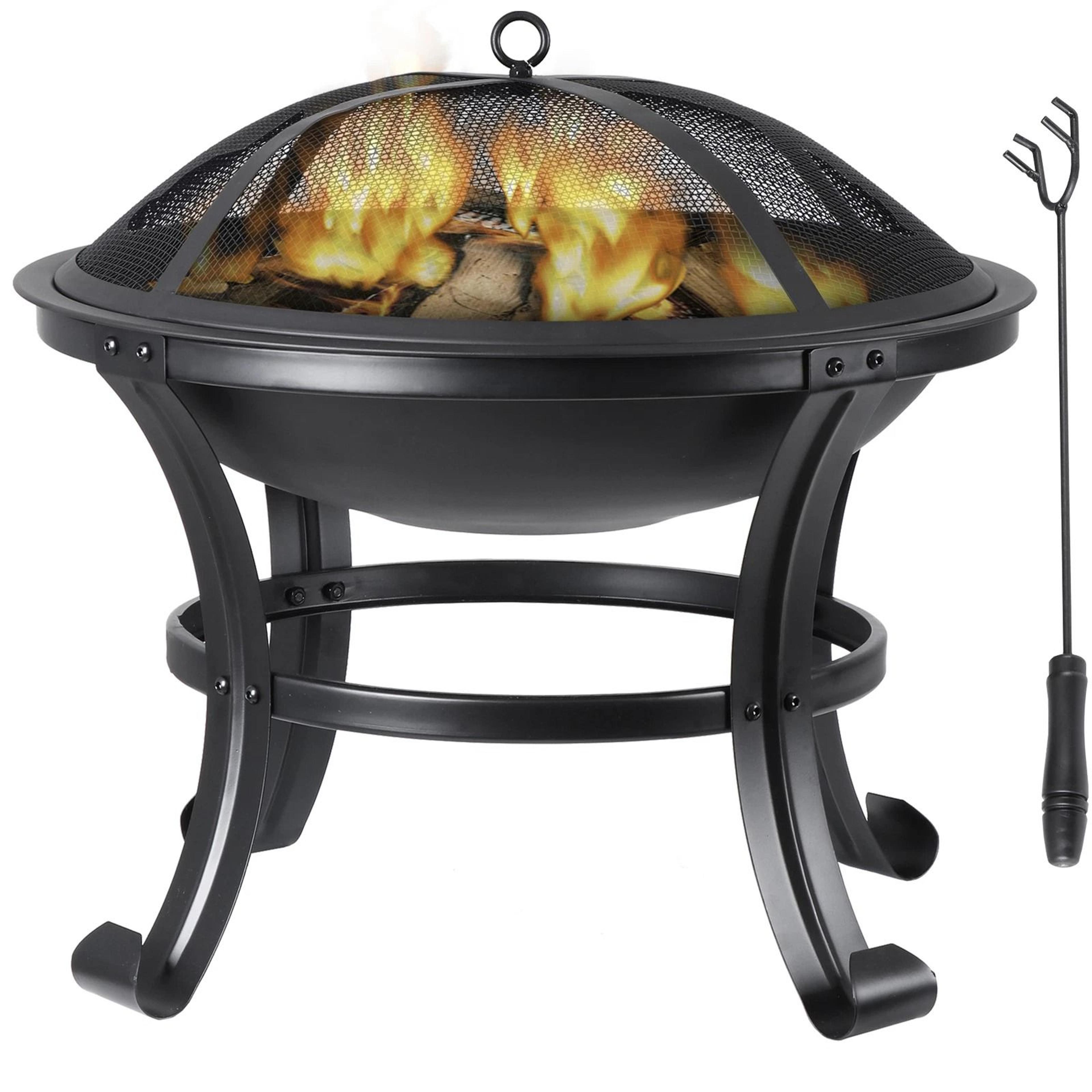 backyard fire pit, outdoor wood burning with mesh lid, fire picker, perfect for bbq, cozy metal fire bowl for winter