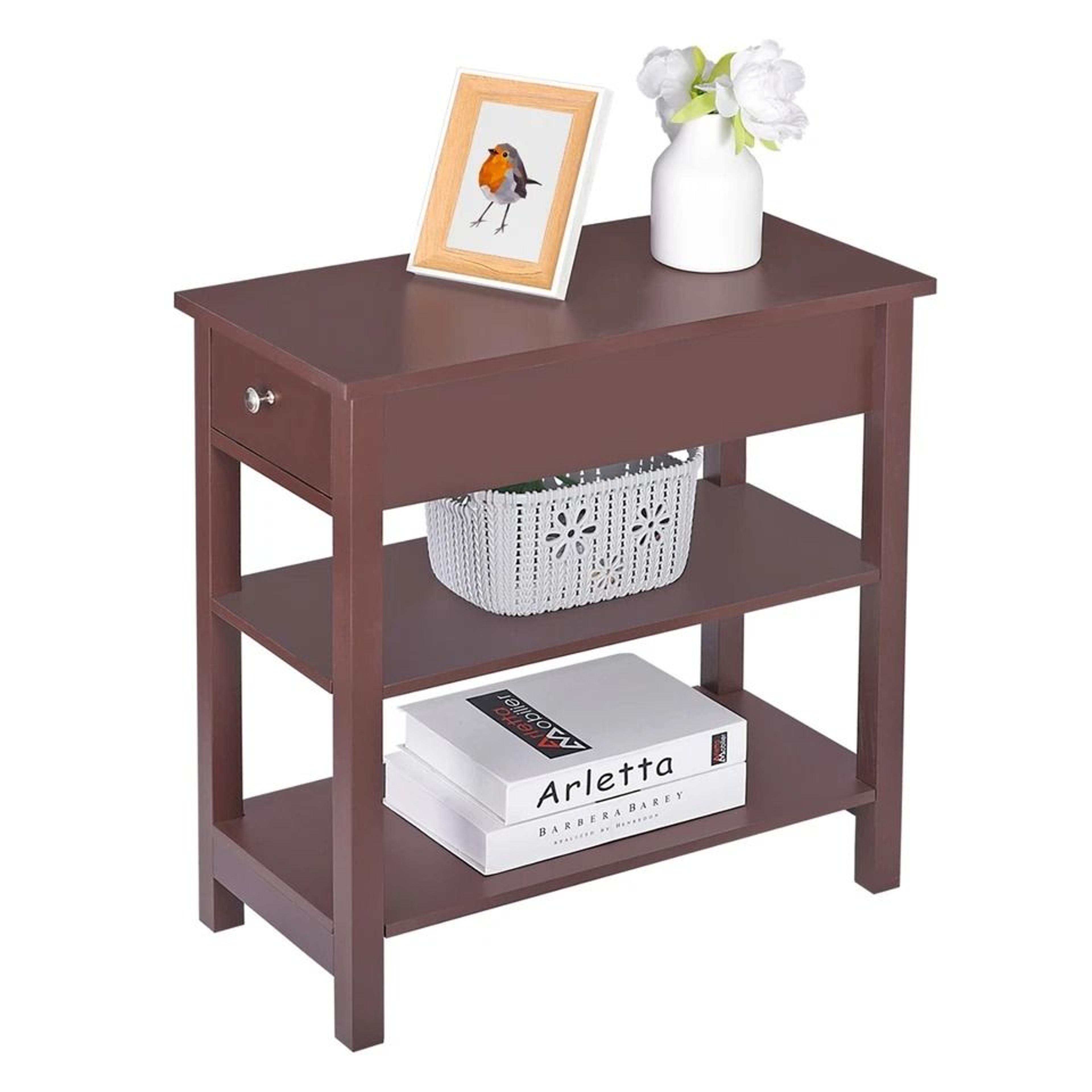 narrow end table, tier side table with drawer and shelf, brown mdf pine wood, ideal for living room or bedroom
