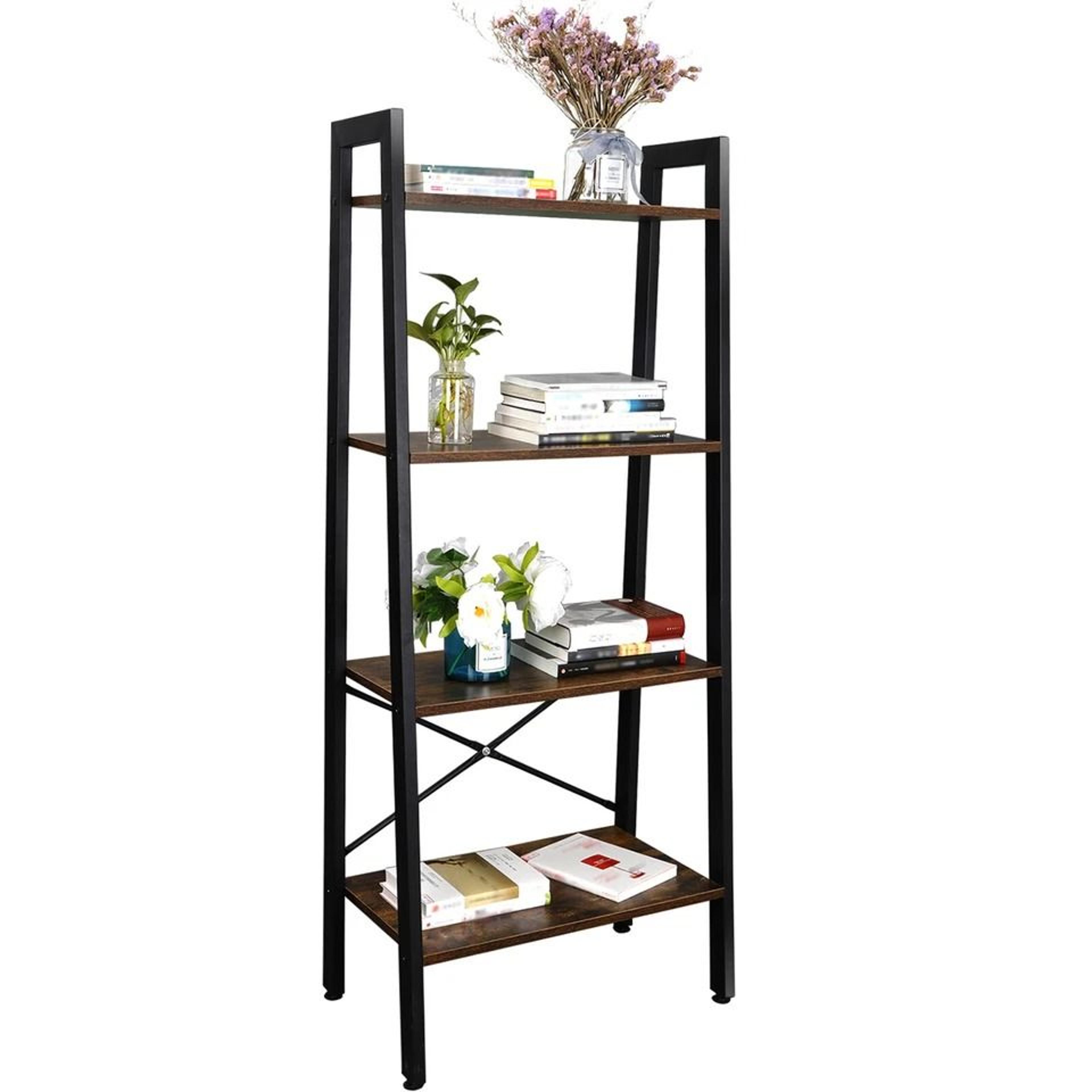 rustic ladder shelf bookcase, tier storage rack, plant flower stand, modern industrial bookshelf, home decor