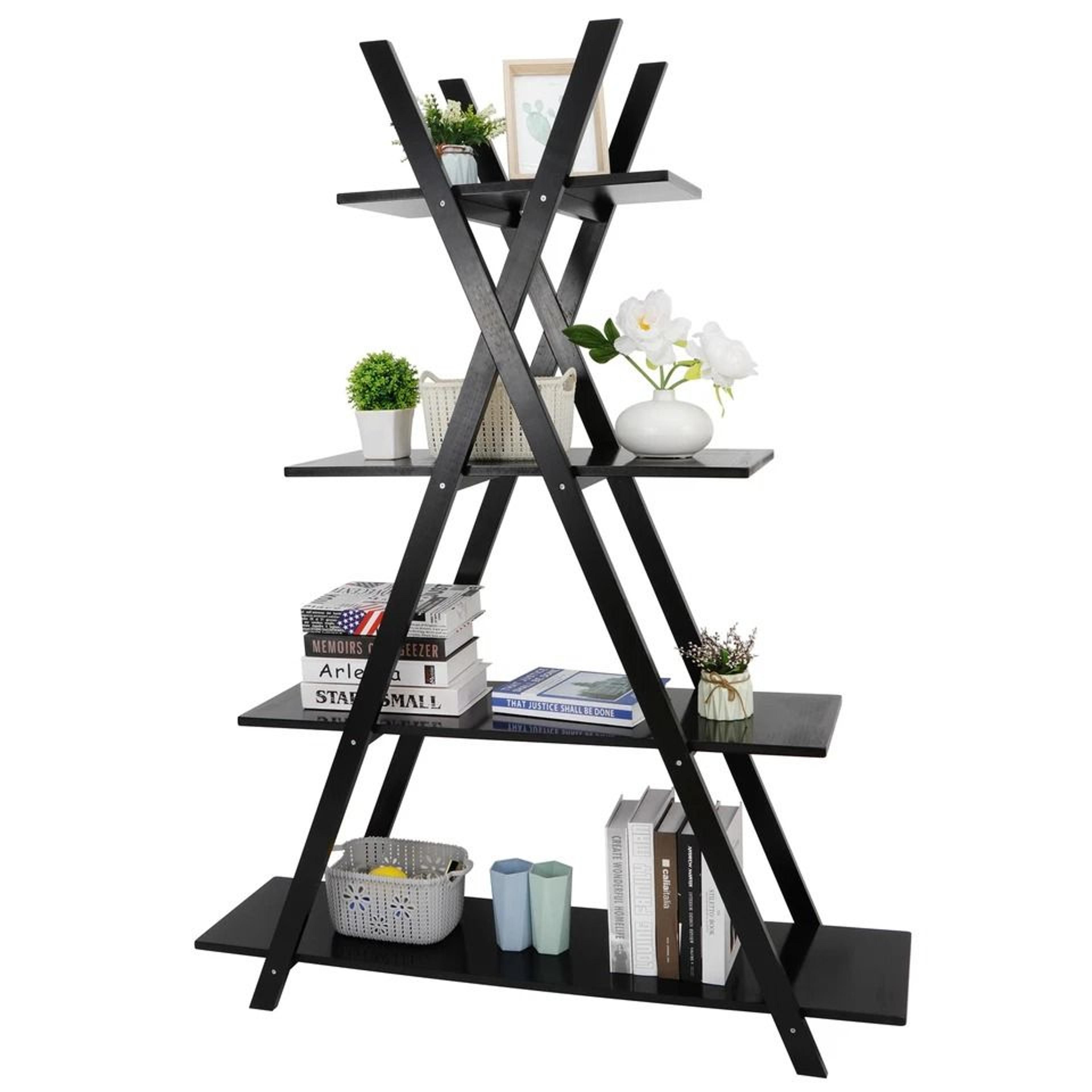 wooden ladder bookcase, tier a-frame bookshelf, black open shelf display, modern storage solution for home and office