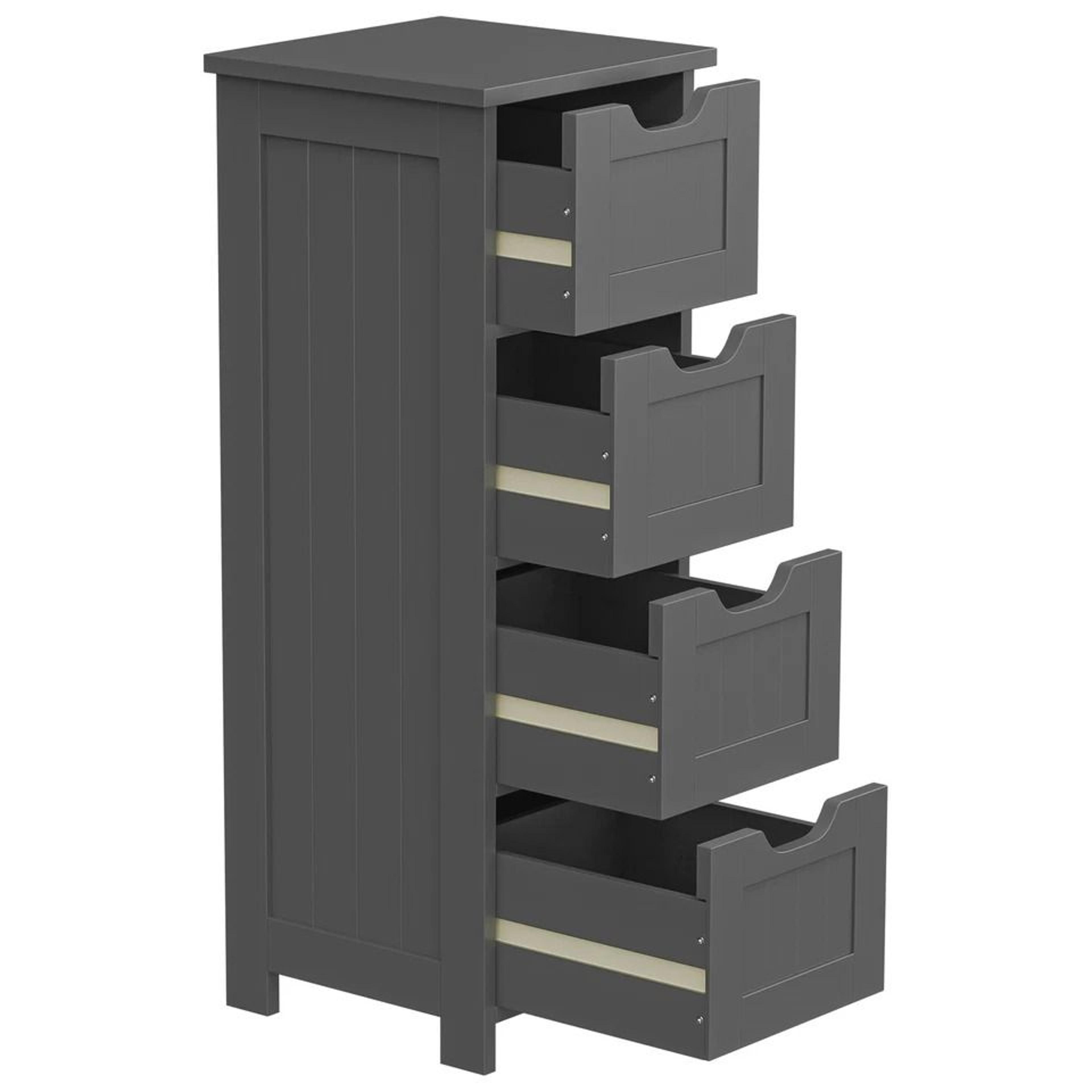 freestanding bathroom storage cabinet, grey, wood side organizer, drawers for efficient home organization