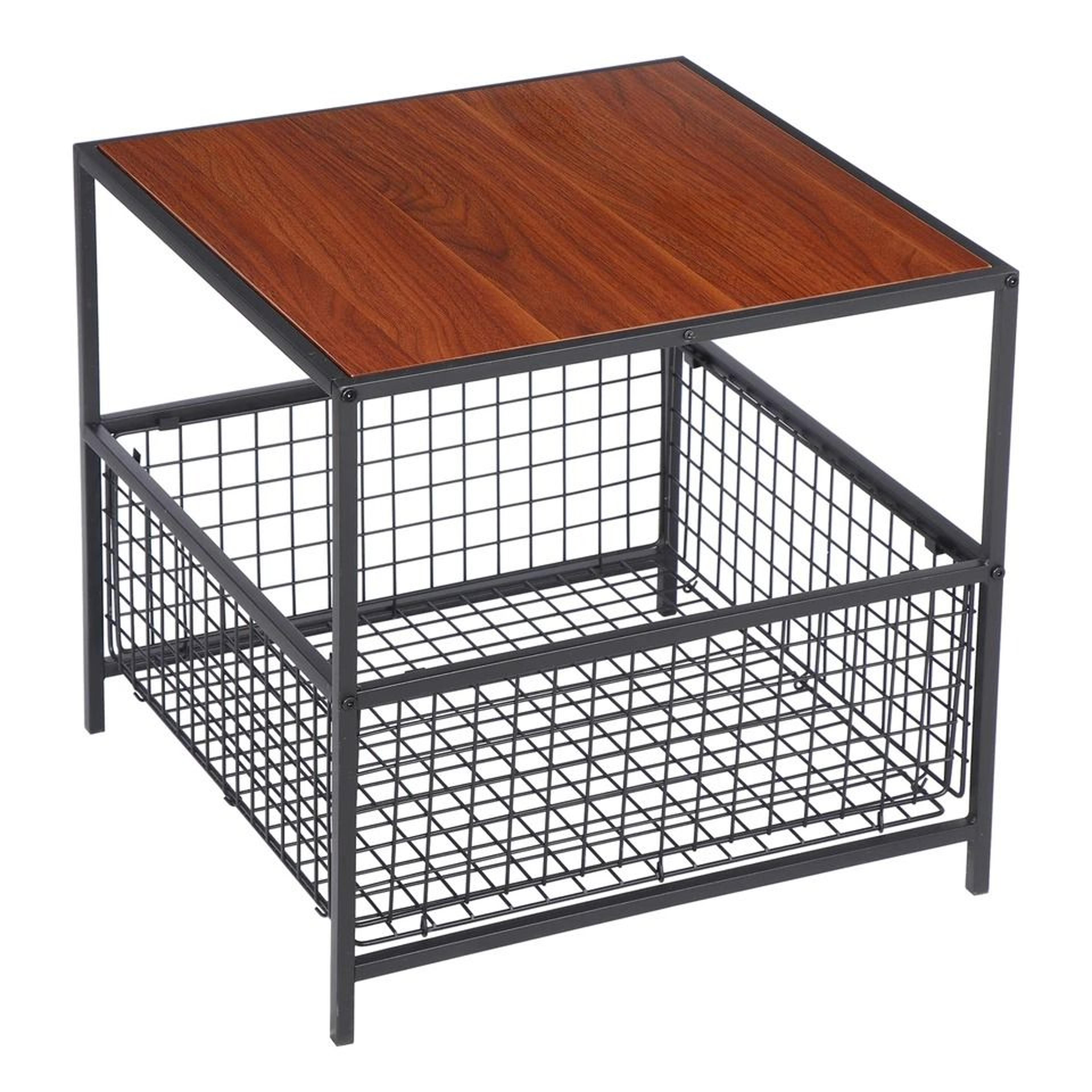 red mahogany side table with storage basket, coffee table with metal frame, multi-functional end table nightstand