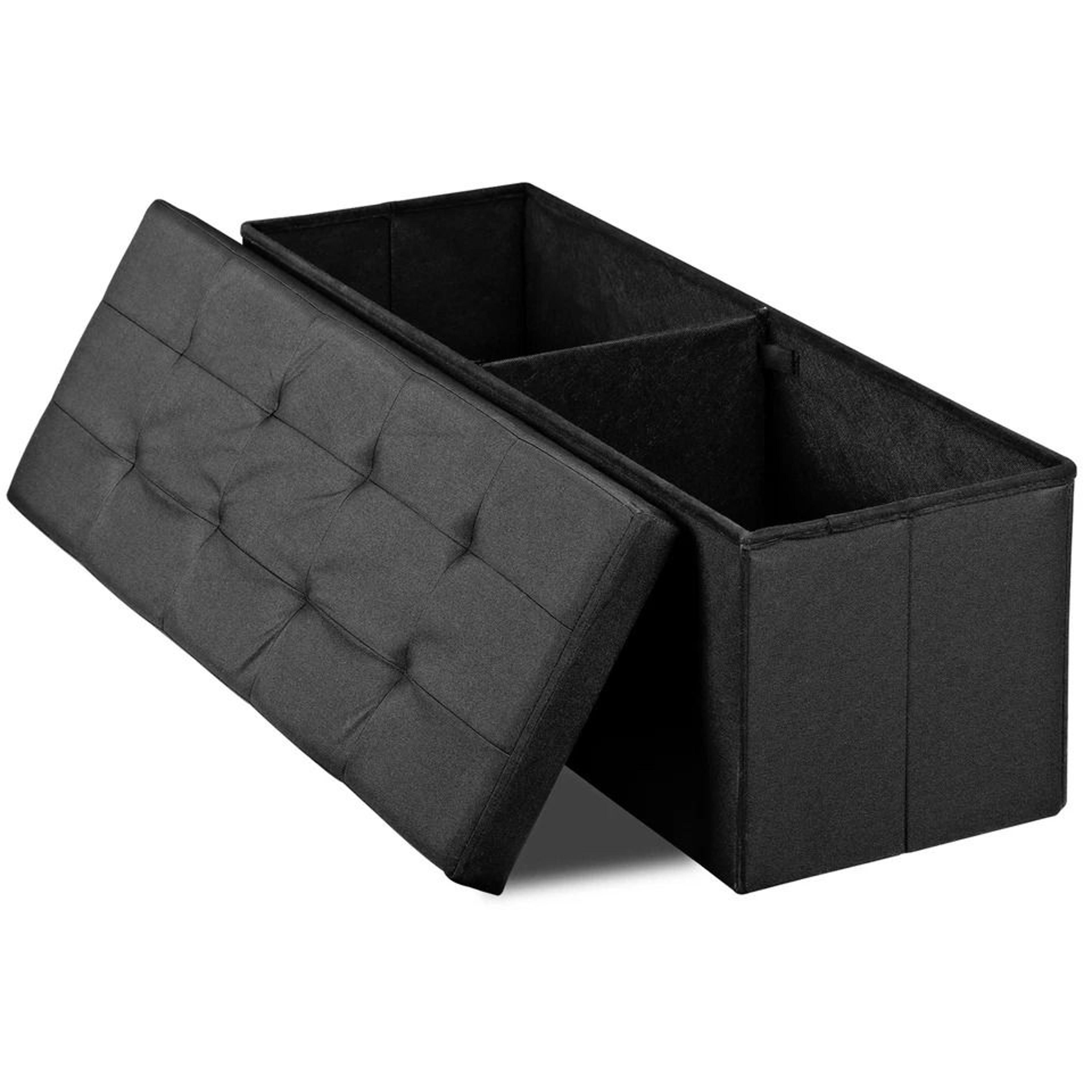 black folding storage ottoman bench, padded footrest seat, large storage chest, durable mdf, space-saving design