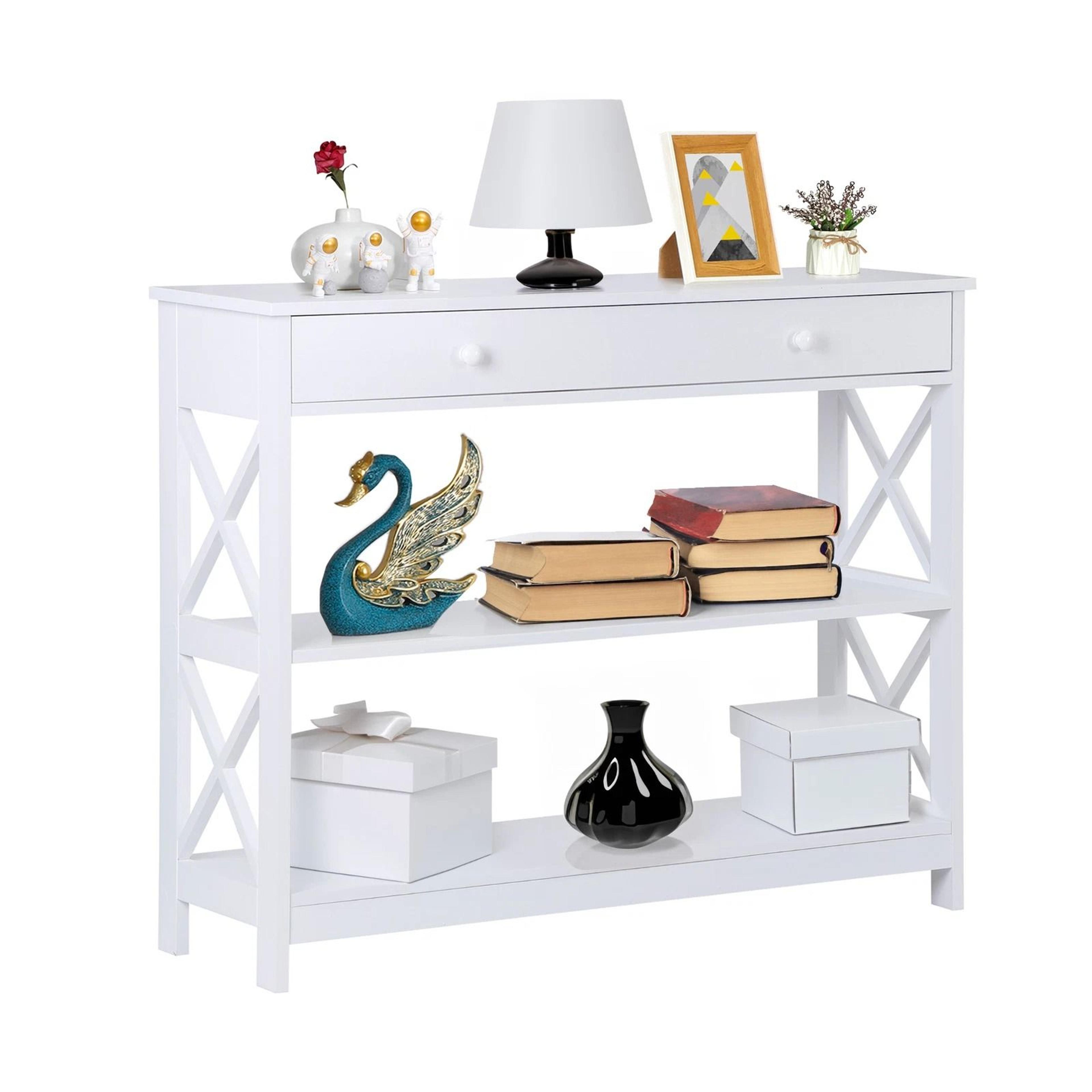 white tier console table, wooden sofa side table with drawer, narrow entryway table, mdf console table for living room