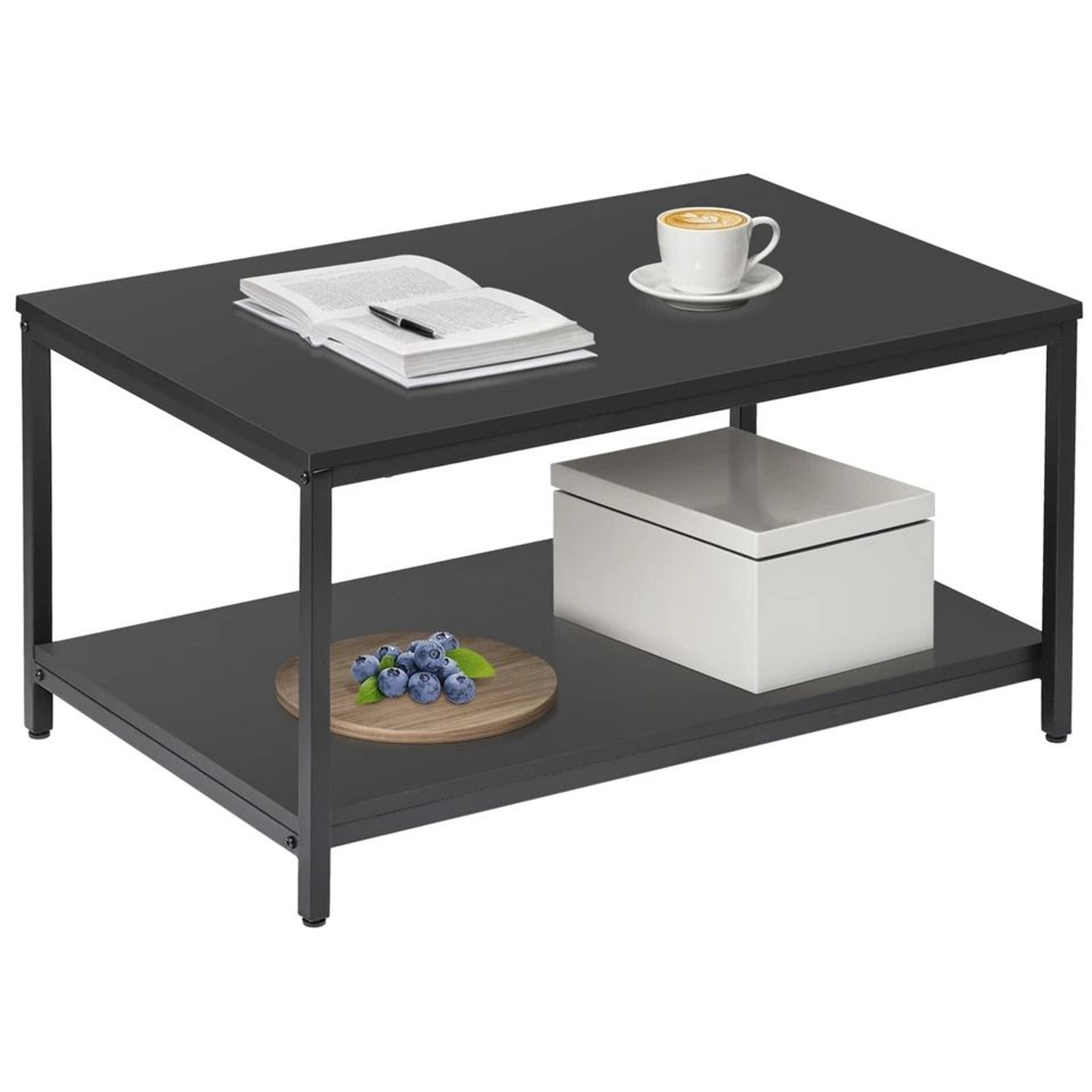 rustic black tier small coffee table, wood rectangle side end table, storage shelf, sturdy metal frame