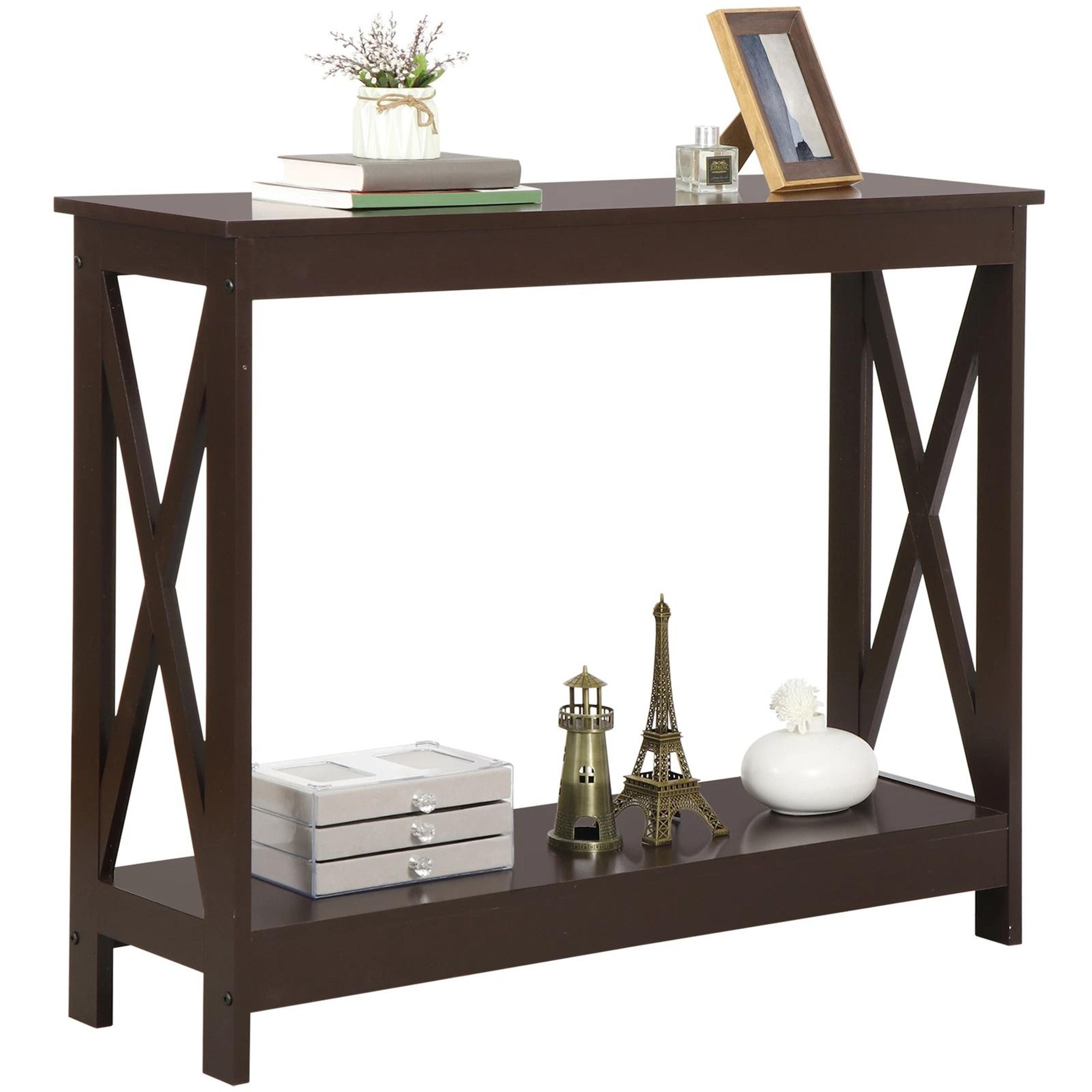 sofa side table, tier console table with large storage, shelf for entryway, hallway brown, x-shape mdf frame