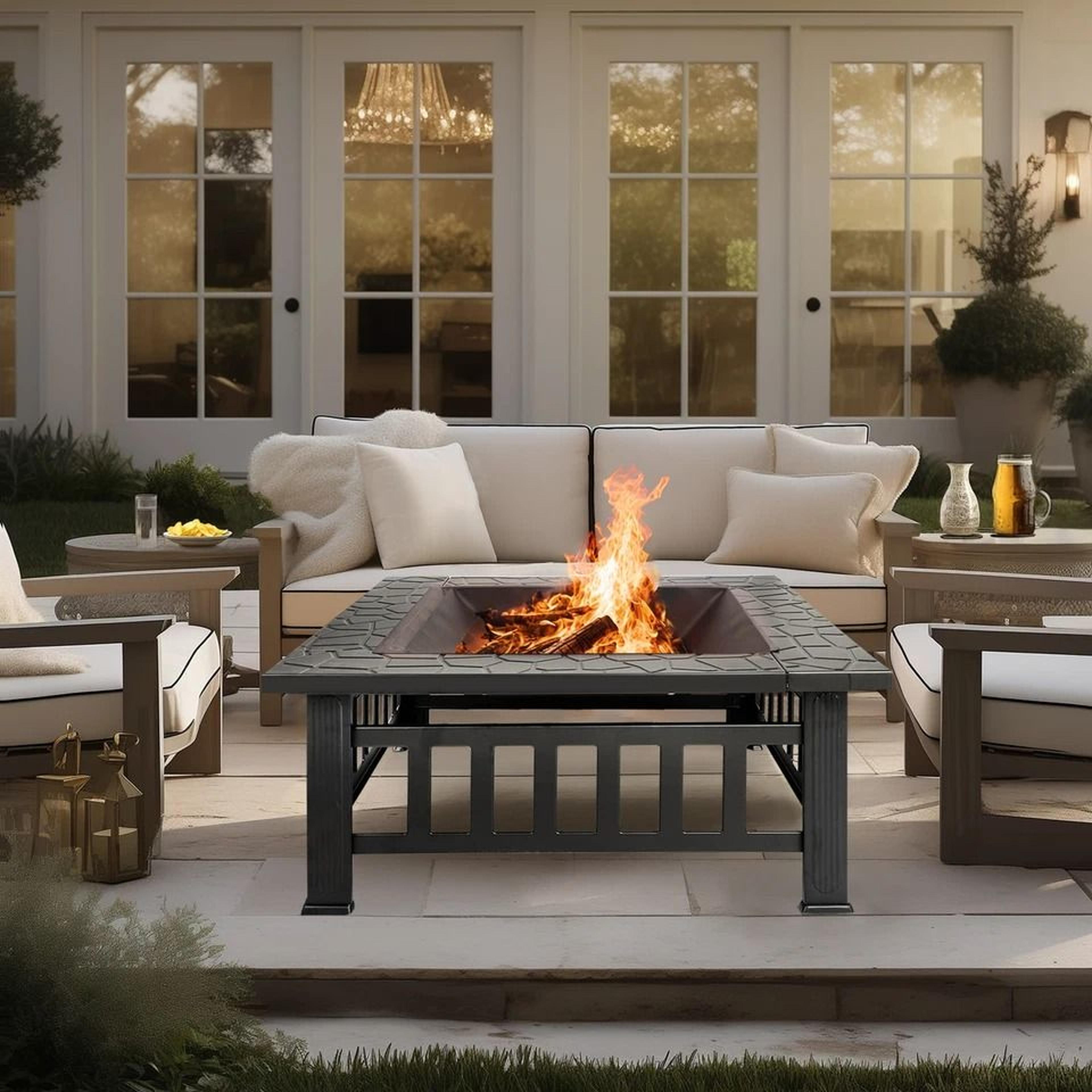 square fire pit wood burning, backyard patio stove heater, fire pit fireplace, outdoor charcoal grill with mesh lid