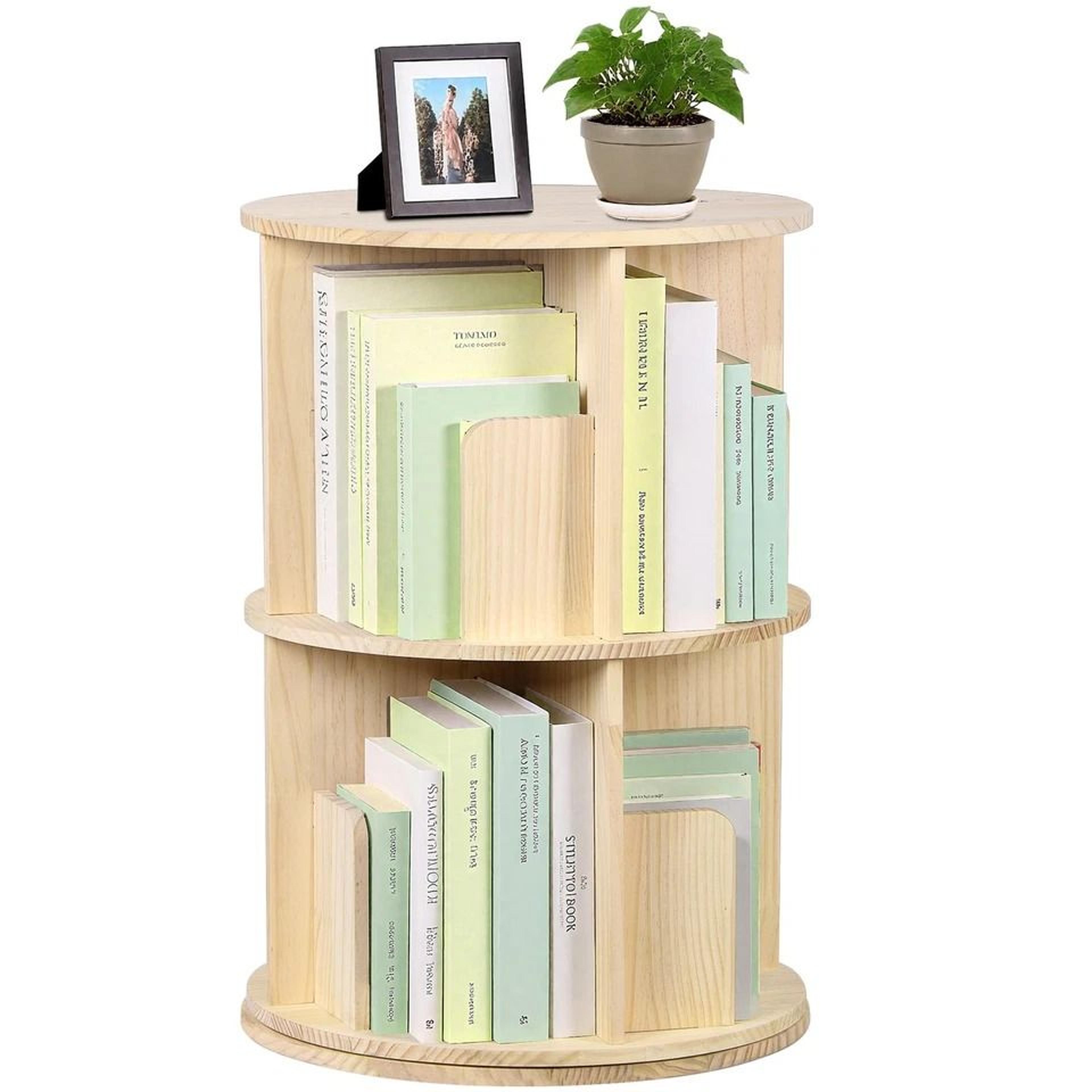 rotating bookshelf display, corner bookcase, floor standing pine wood shelf, smooth rotation