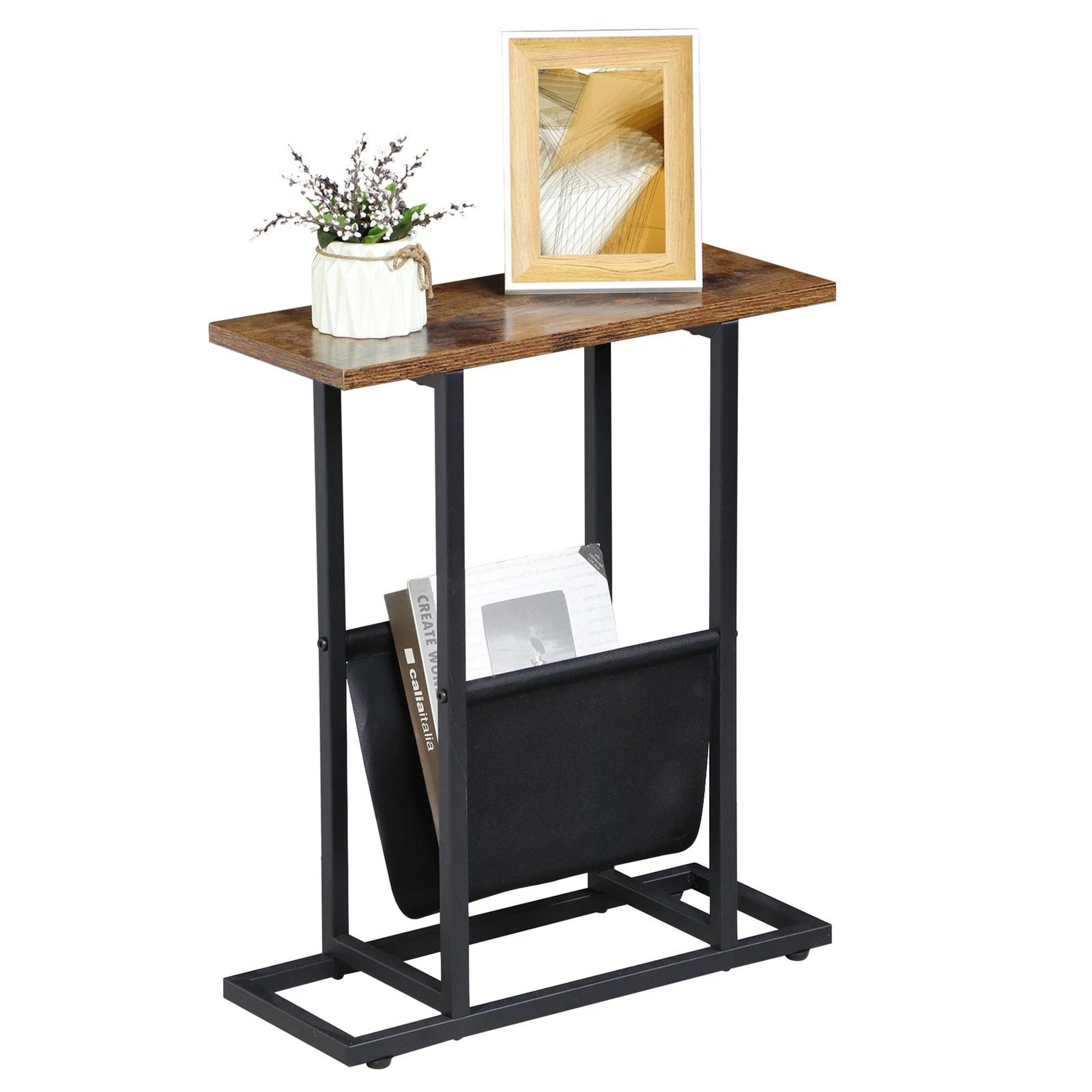 rustic brown small narrow side sofa table, end table nightstand, magazine holder, adjustable feet for easy use