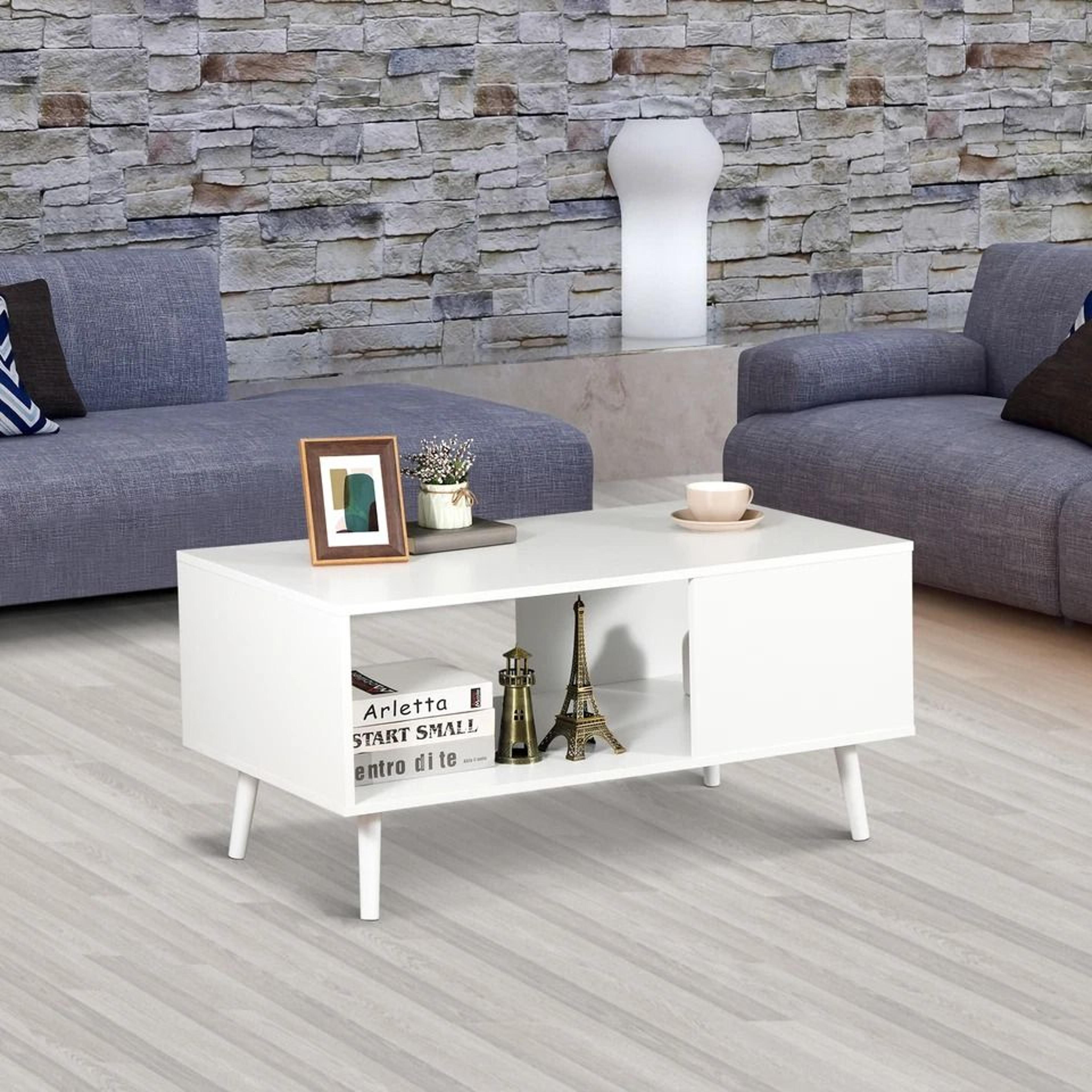 white wooden retro coffee table, rectangular open storage shelf, large storage space for living room
