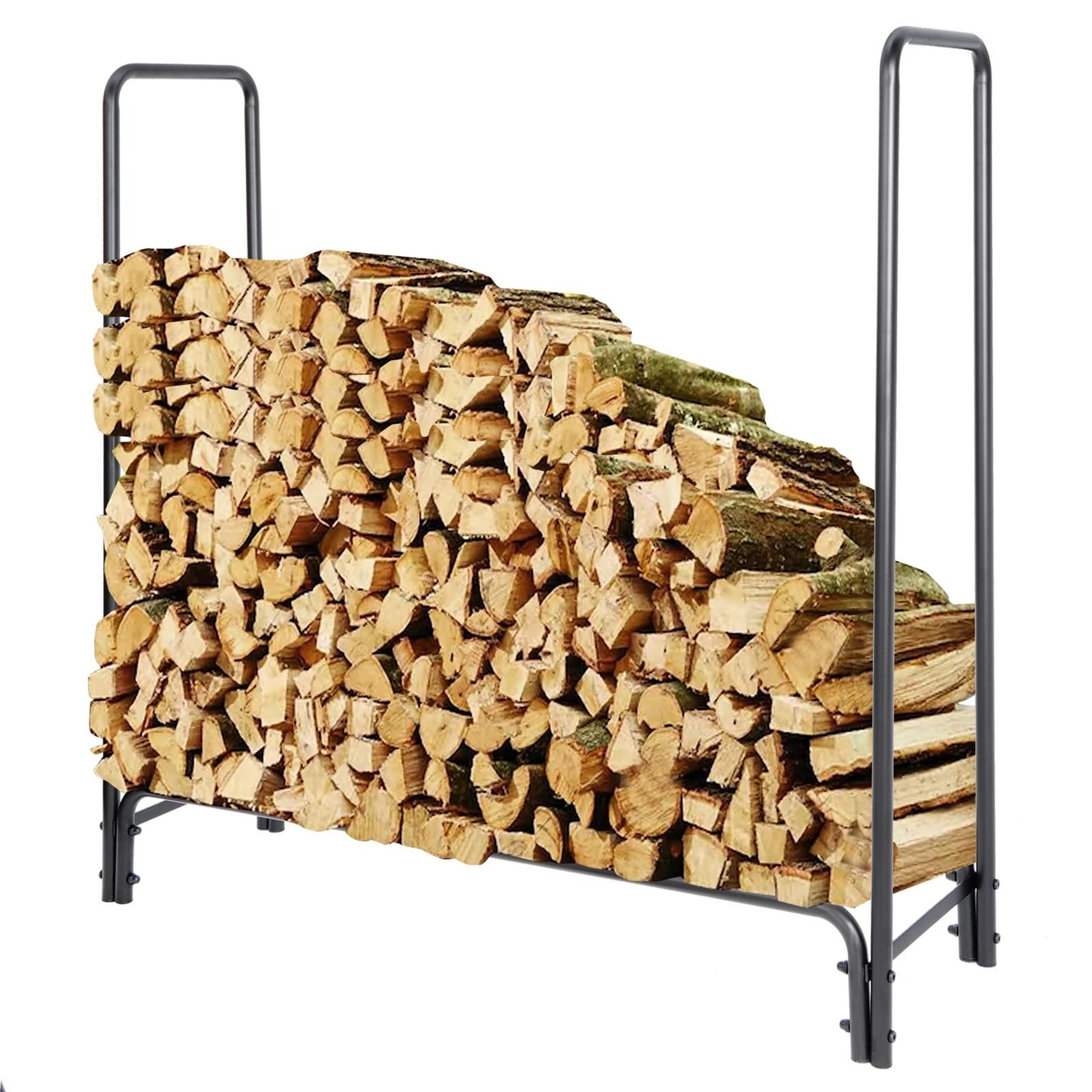 steel firewood log rack stand, indoor/outdoor fireplace wood holder, sturdy black tubular storage for firewood