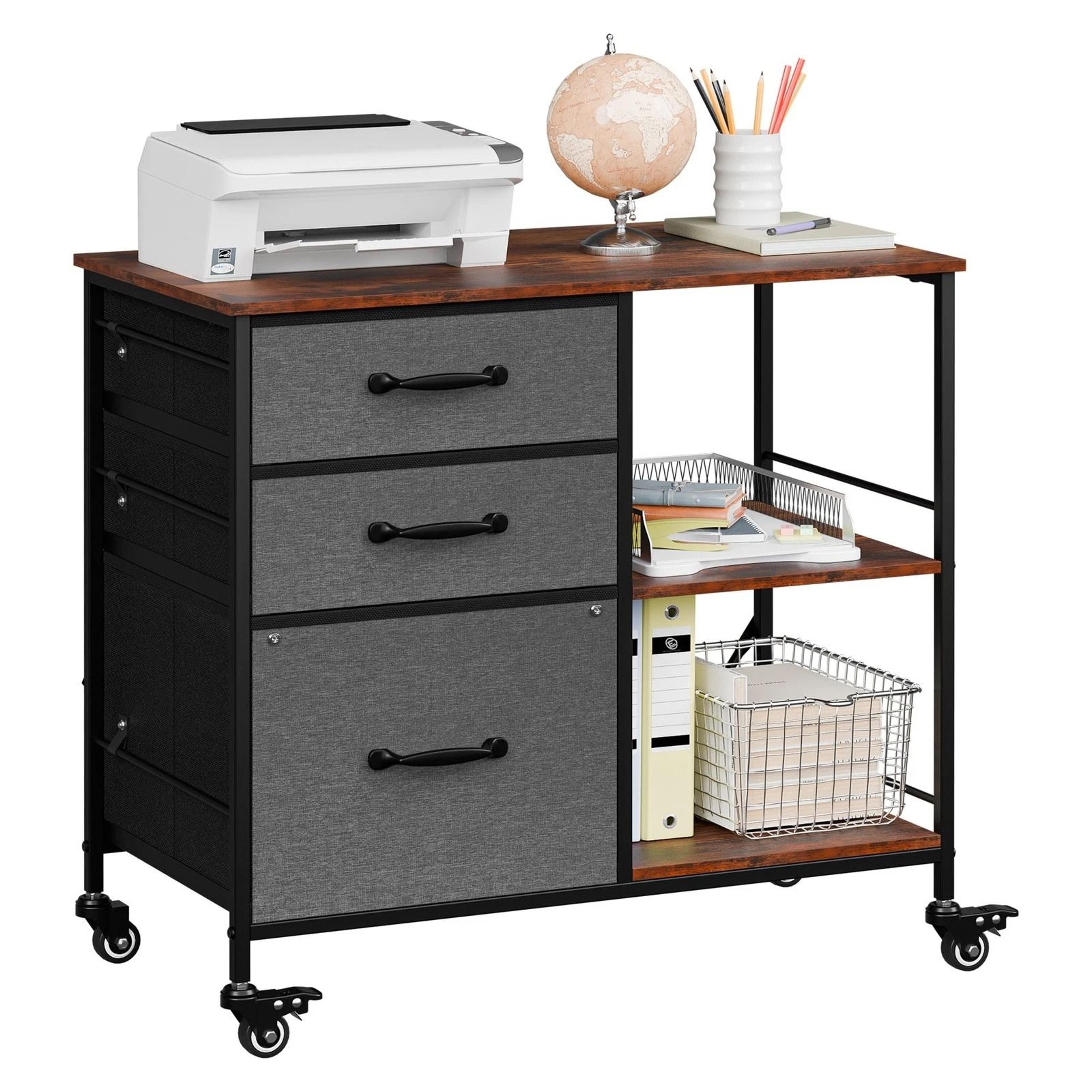 rolling drawer mobile file cabinet, open storage shelf, printer stand, dark grey