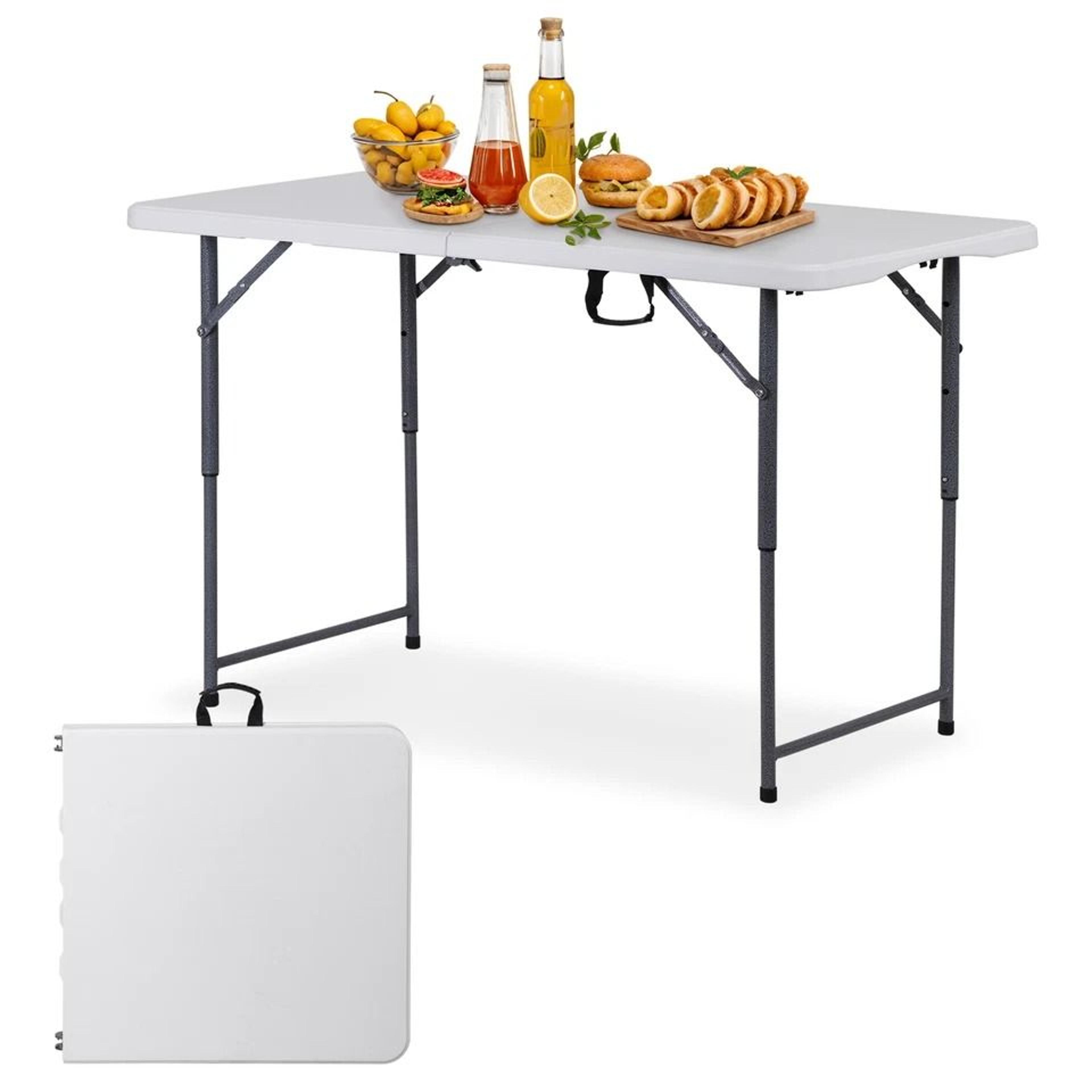 adjustable folding table, plastic picnic table with carry handle, white, perfect for camping