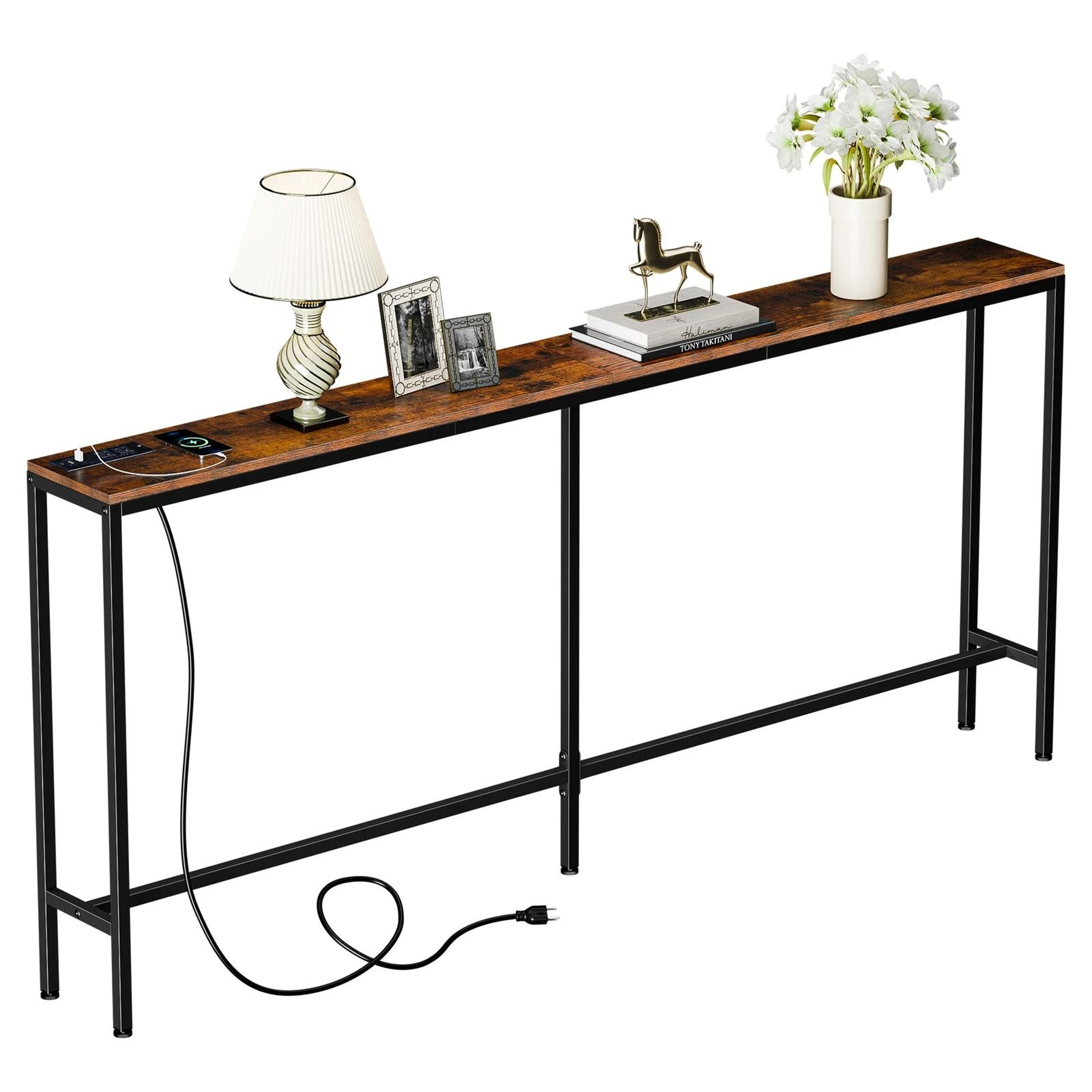 rustic brown narrow console table, side table with charging station, metal frame entryway table with usb ports