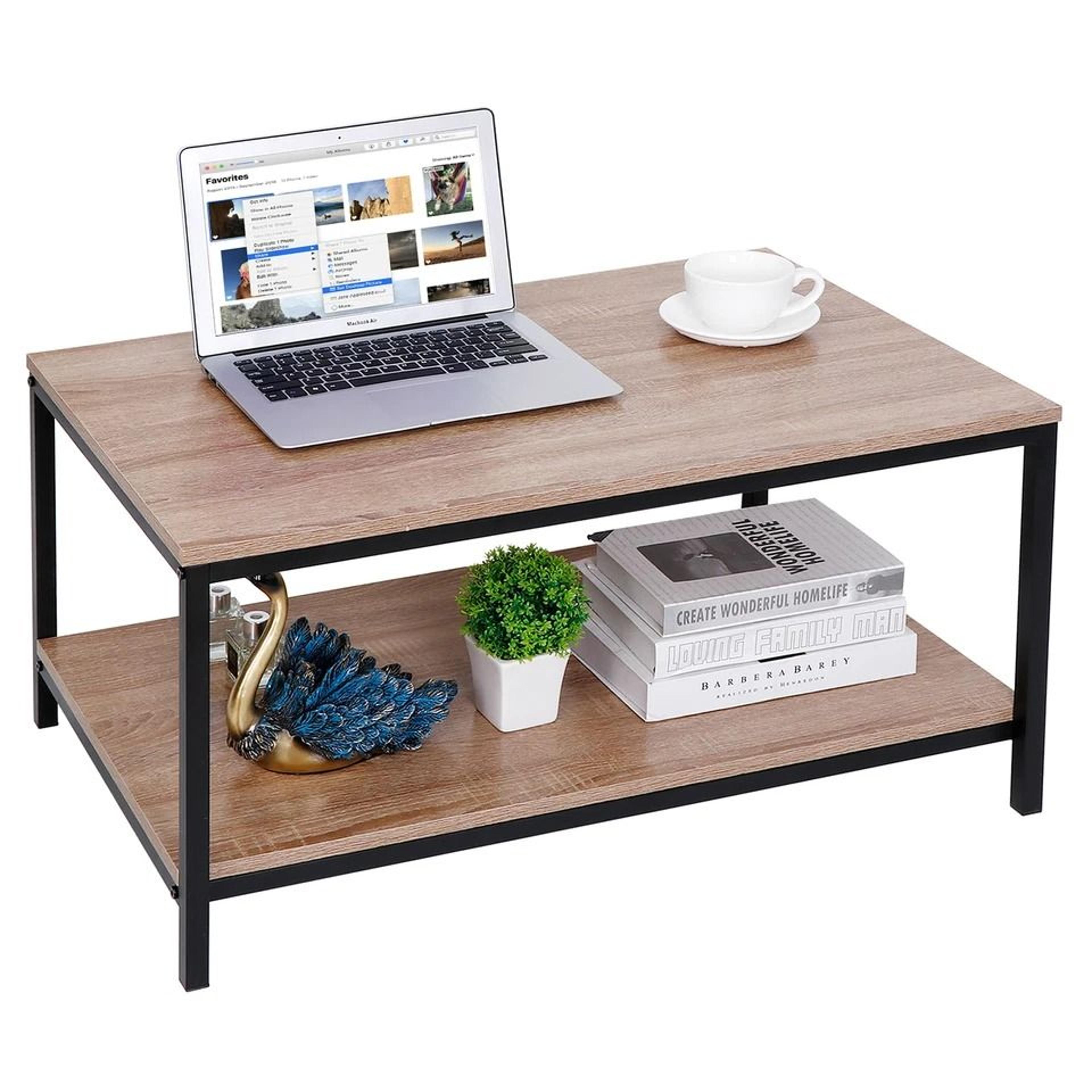 modern industrial cocktail table, tier storage shelf, sturdy metal frame, vintage coffee table for living room