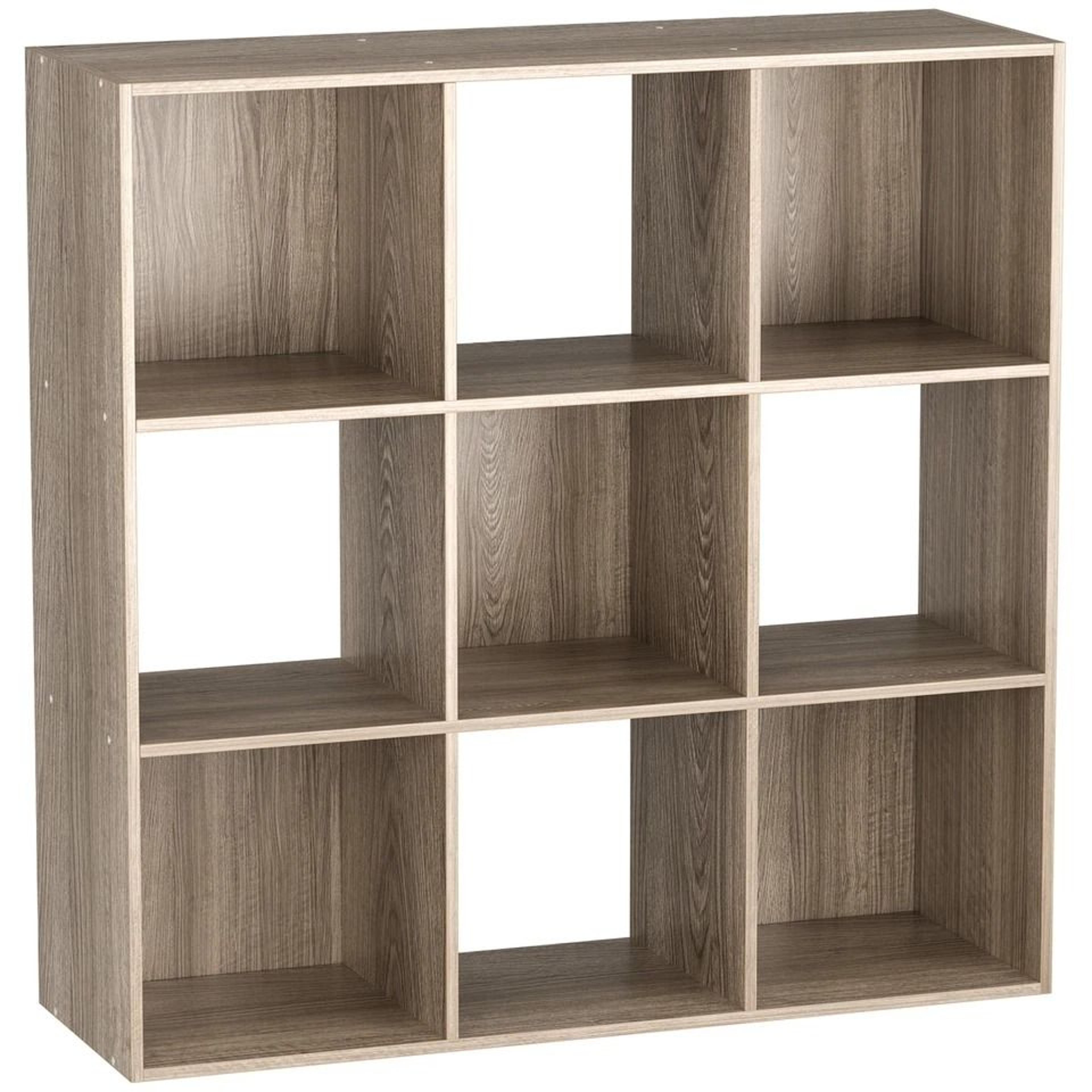 wooden bookshelf display, cube storage organizer, removable back panels, oak storage solution