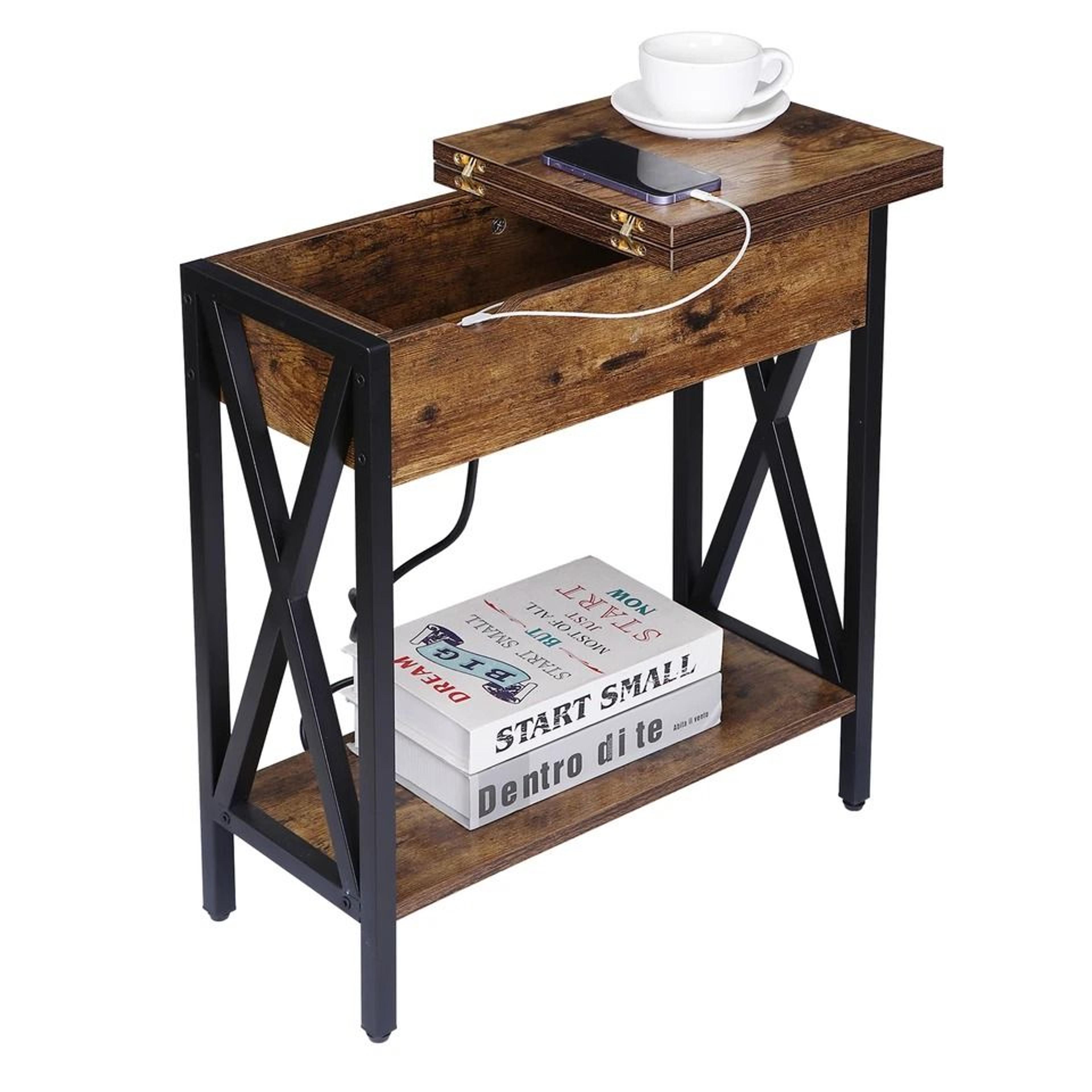 side table with charging station and built-in outlet, flip top end sofa, rustic brown design