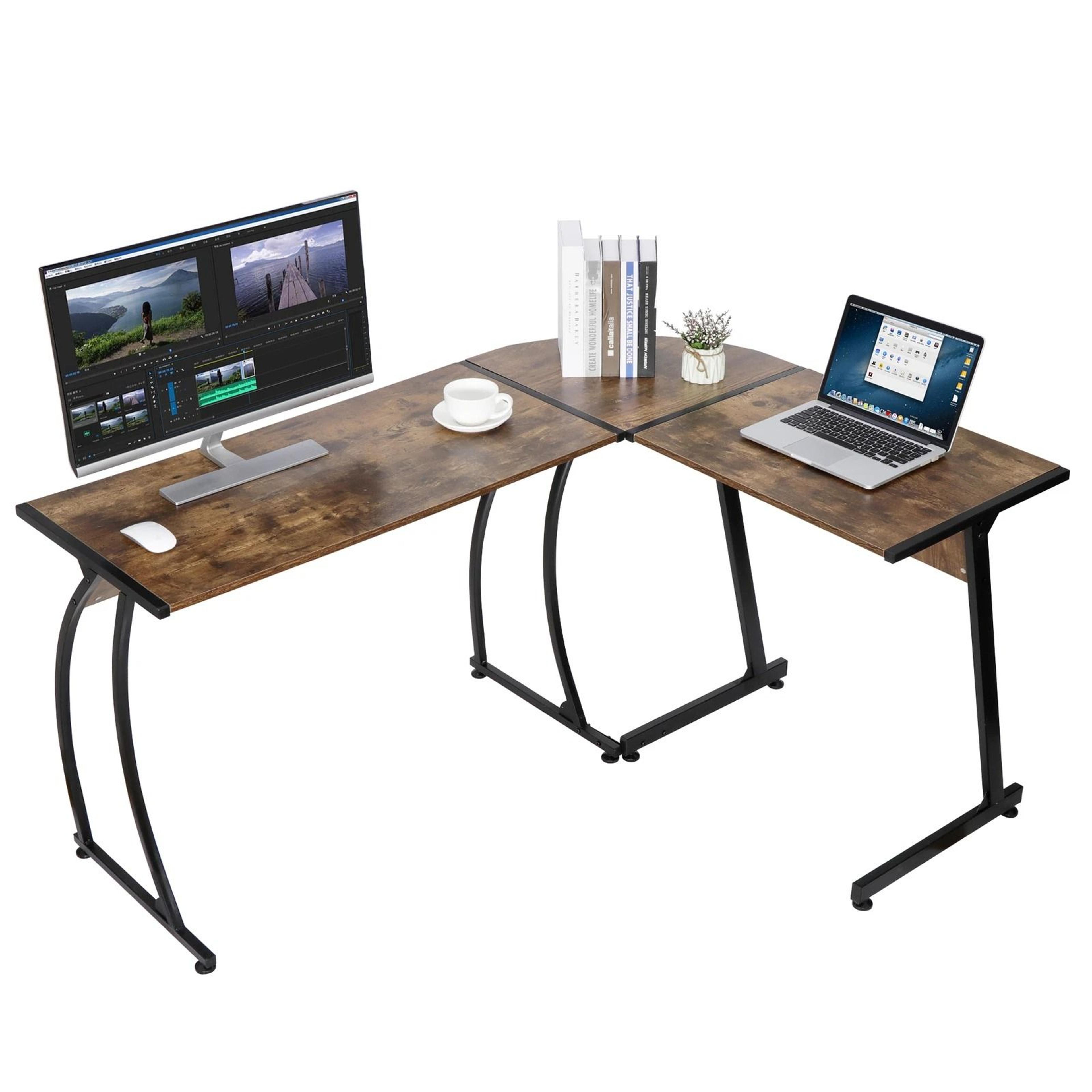 brown l shaped desk, corner computer desk, pc laptop table, spacious workstation for home office