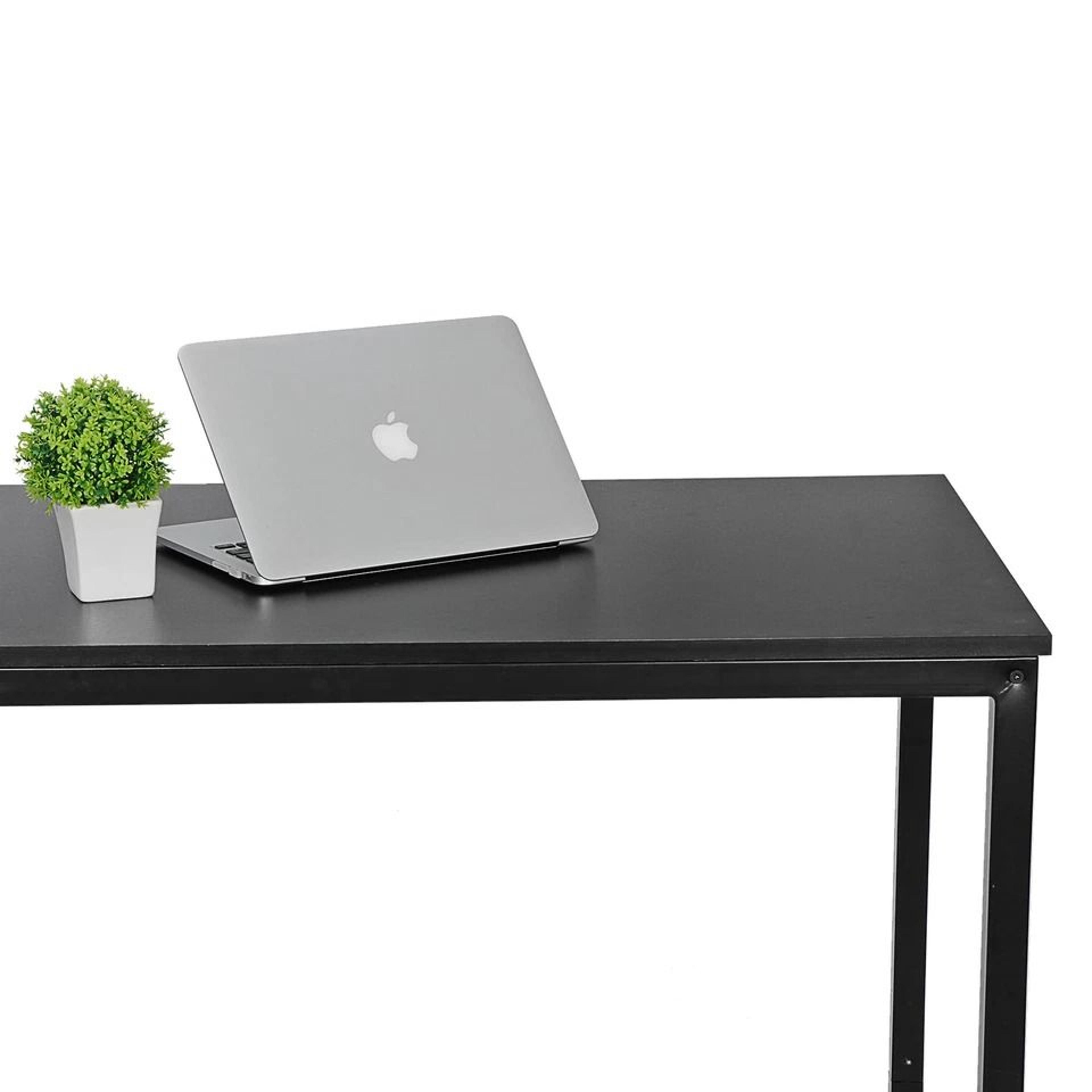 black home office desk, writing desk with steel frame, espresso studio computer desk, large work space, easy assembly