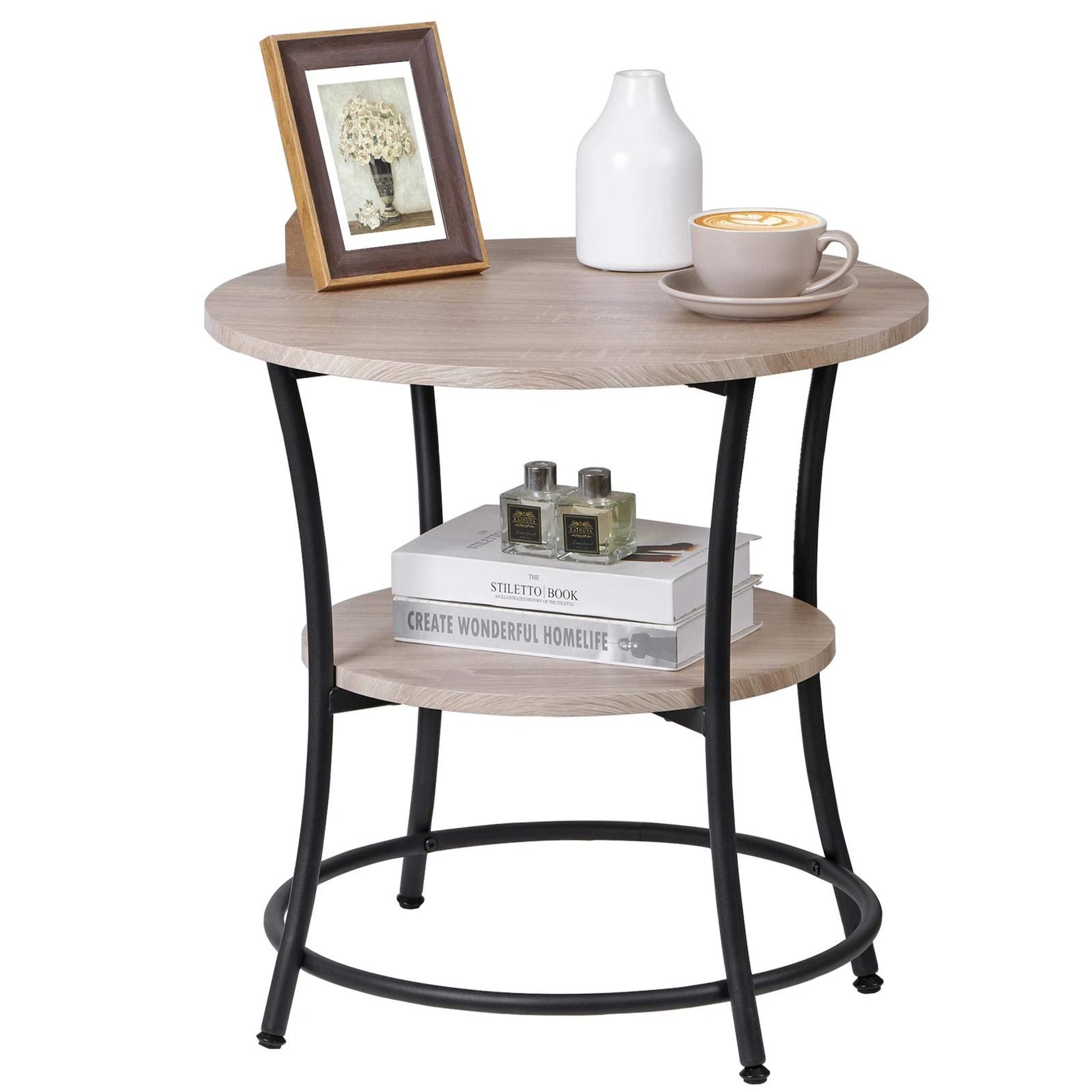 industrial round side table, retro end table with storage, stable mdf metal frame for living room, bedroom, office