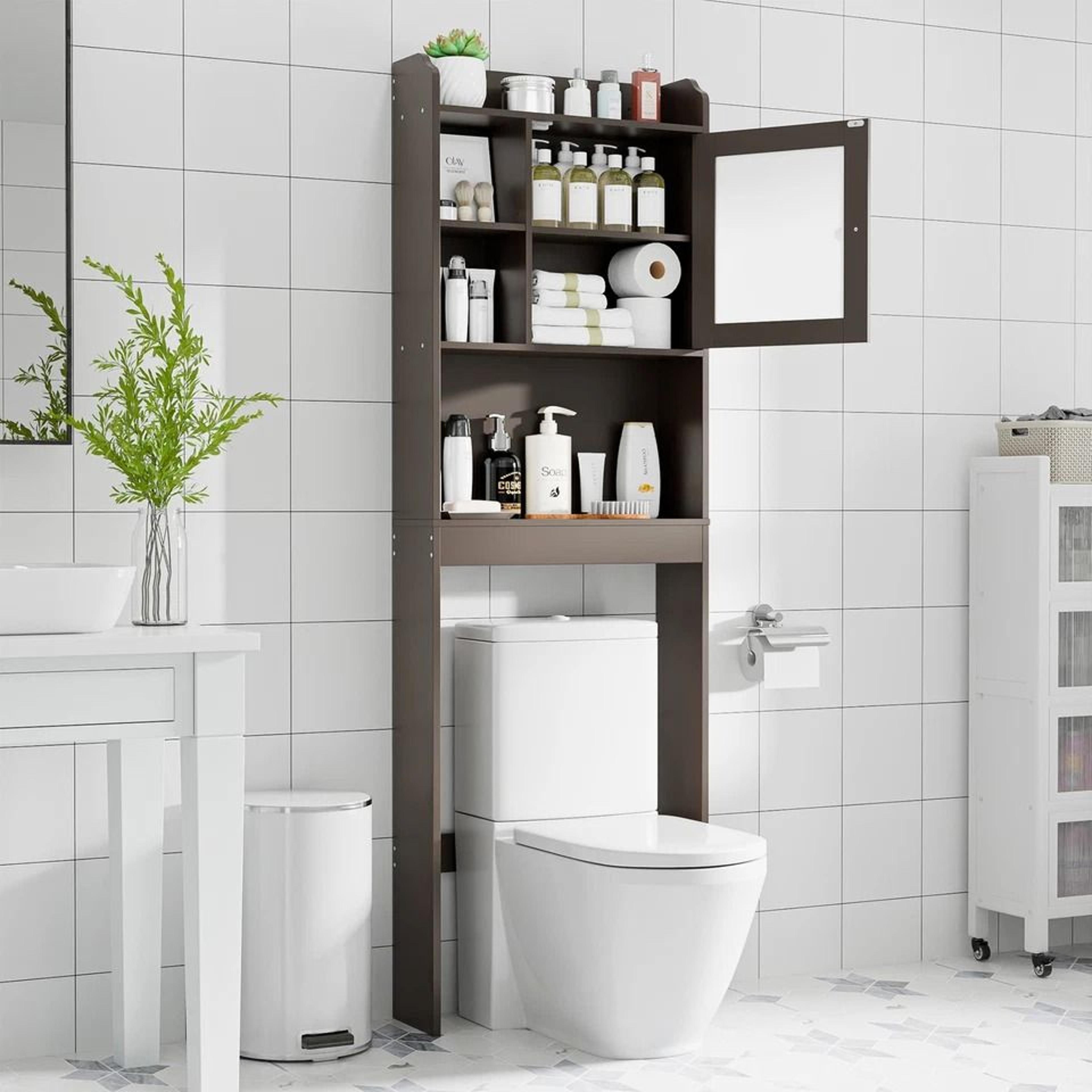 wood bathroom floor cabinet, over toilet space saver, storage shelf rack, brown, adjustable shelves