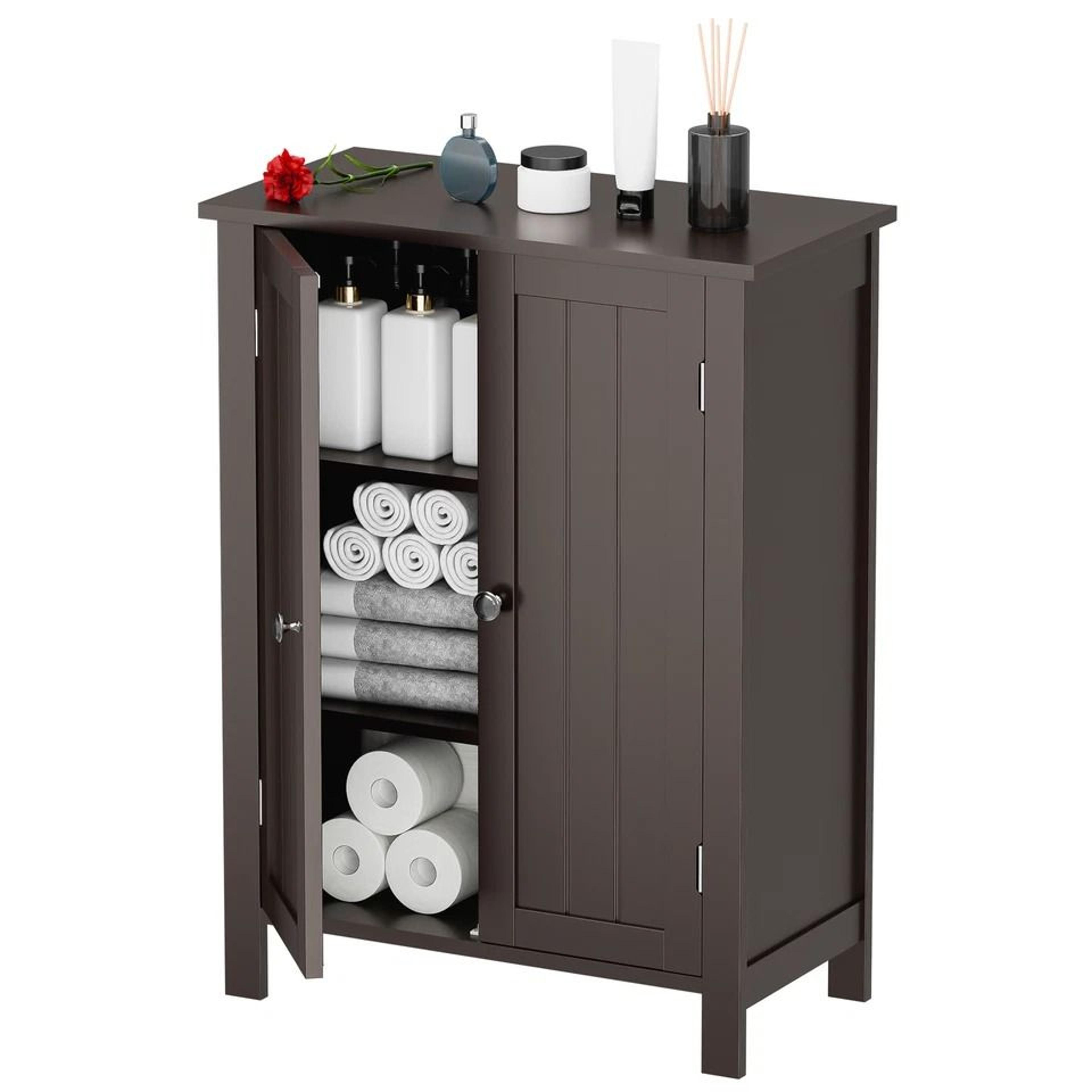 wooden storage cabinet for bathroom and kitchen, grey mdf cupboard with doors, large storage, easy assembly