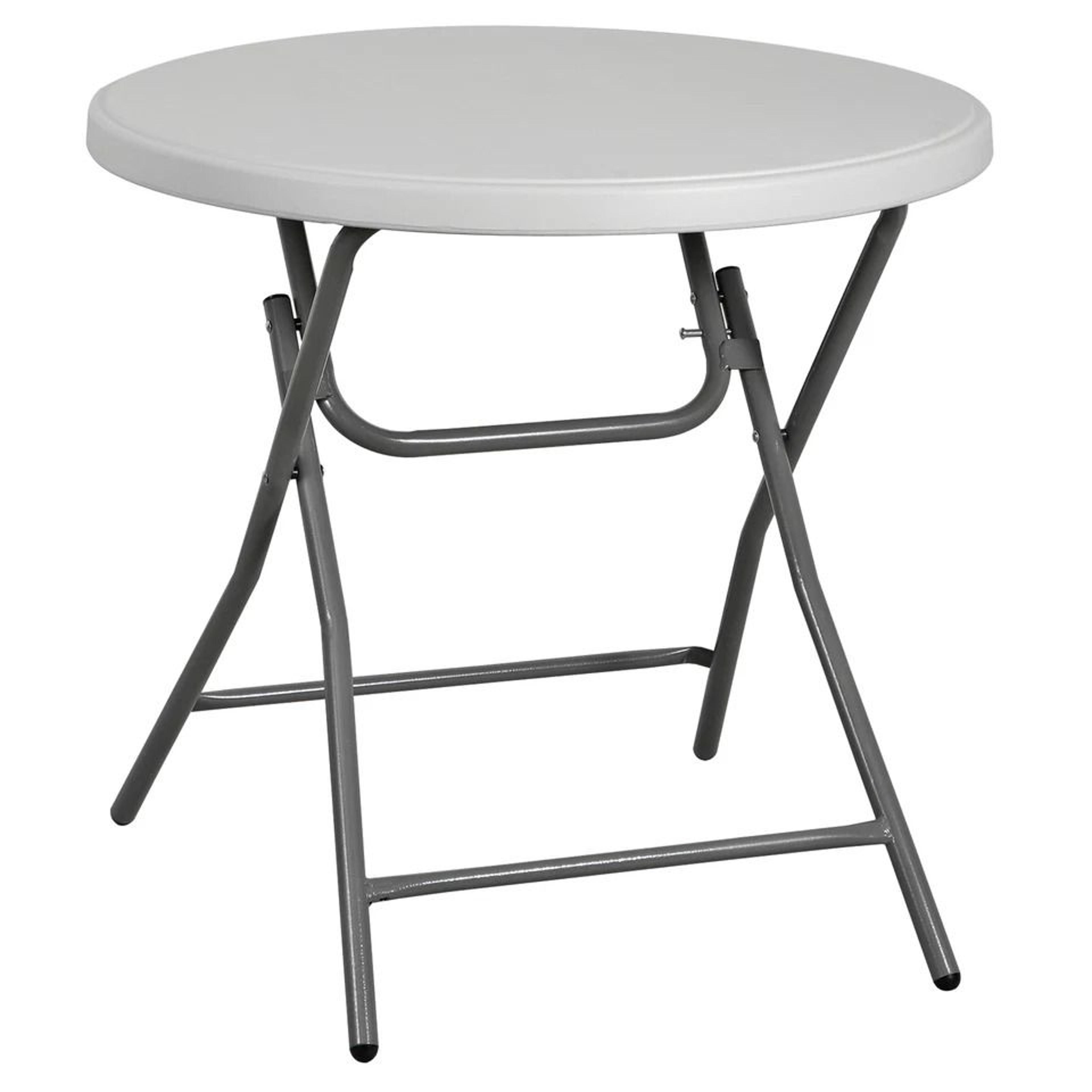 round plastic folding table, steel cross legs, heavy duty indoor & outdoor table for picnic, camping, and travel