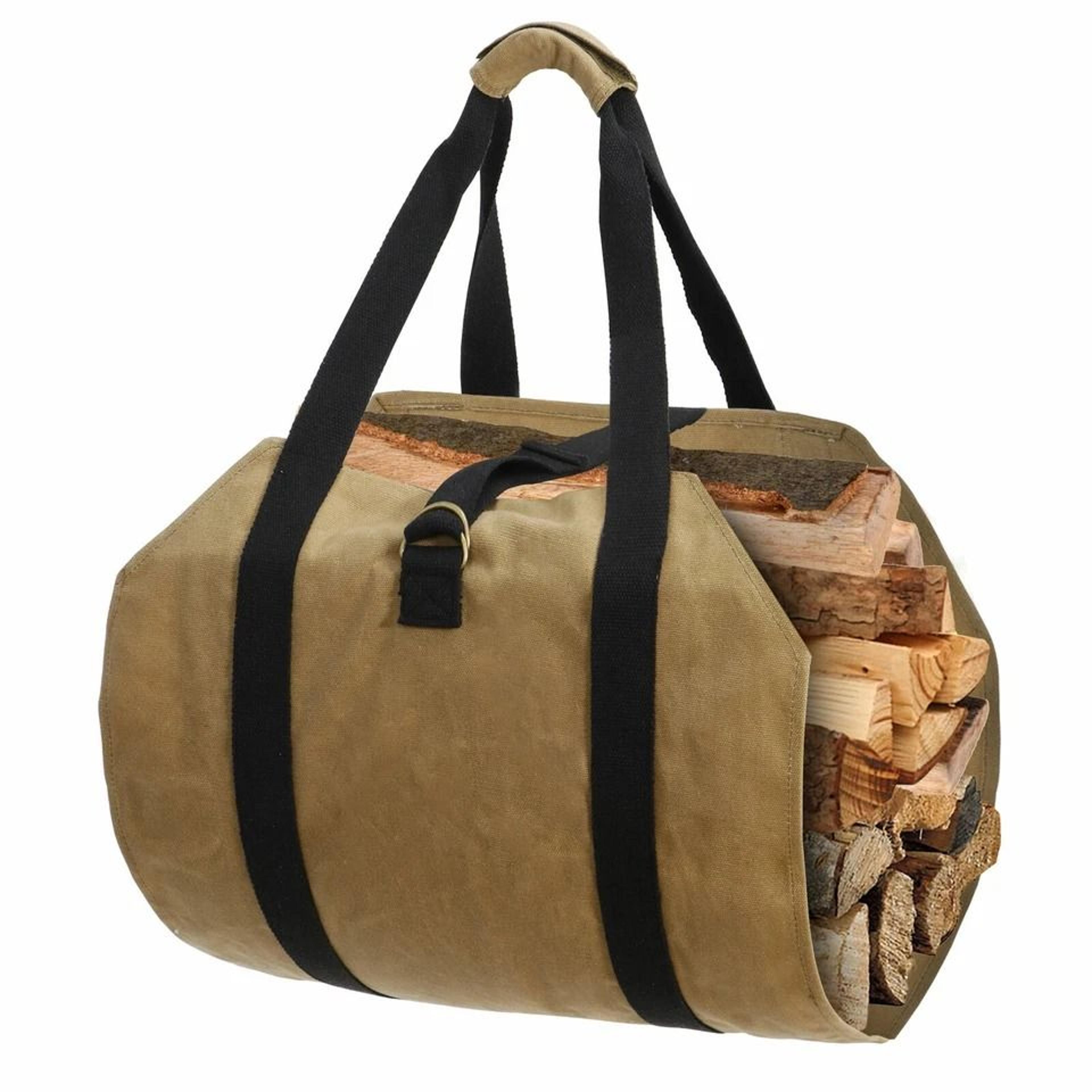 durable canvas firewood log carrier bag, waxed canvas log tote, waterproof log carrier with straps