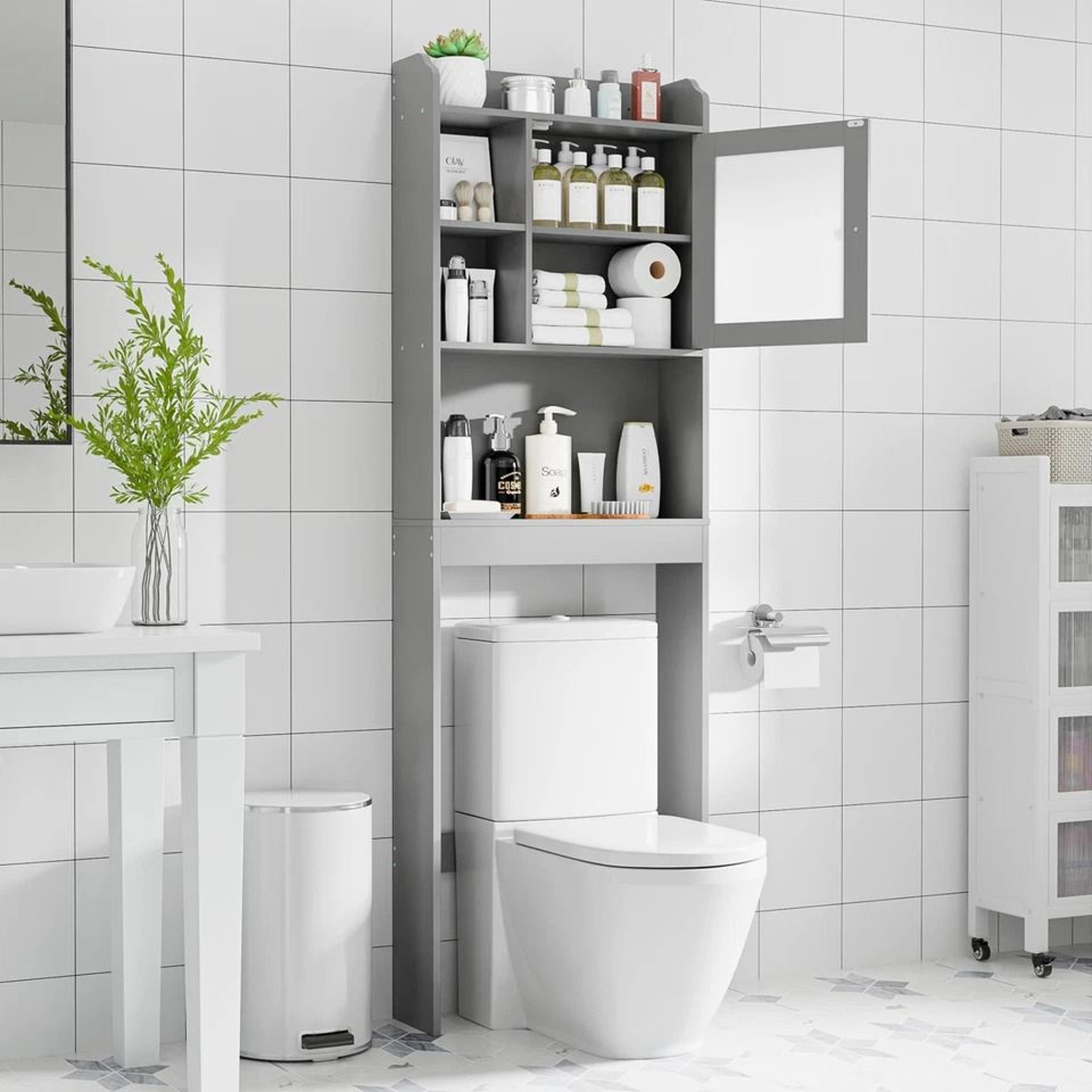 over toilet space saver, bathroom floor cabinet, gray storage shelf rack for bathroom organization