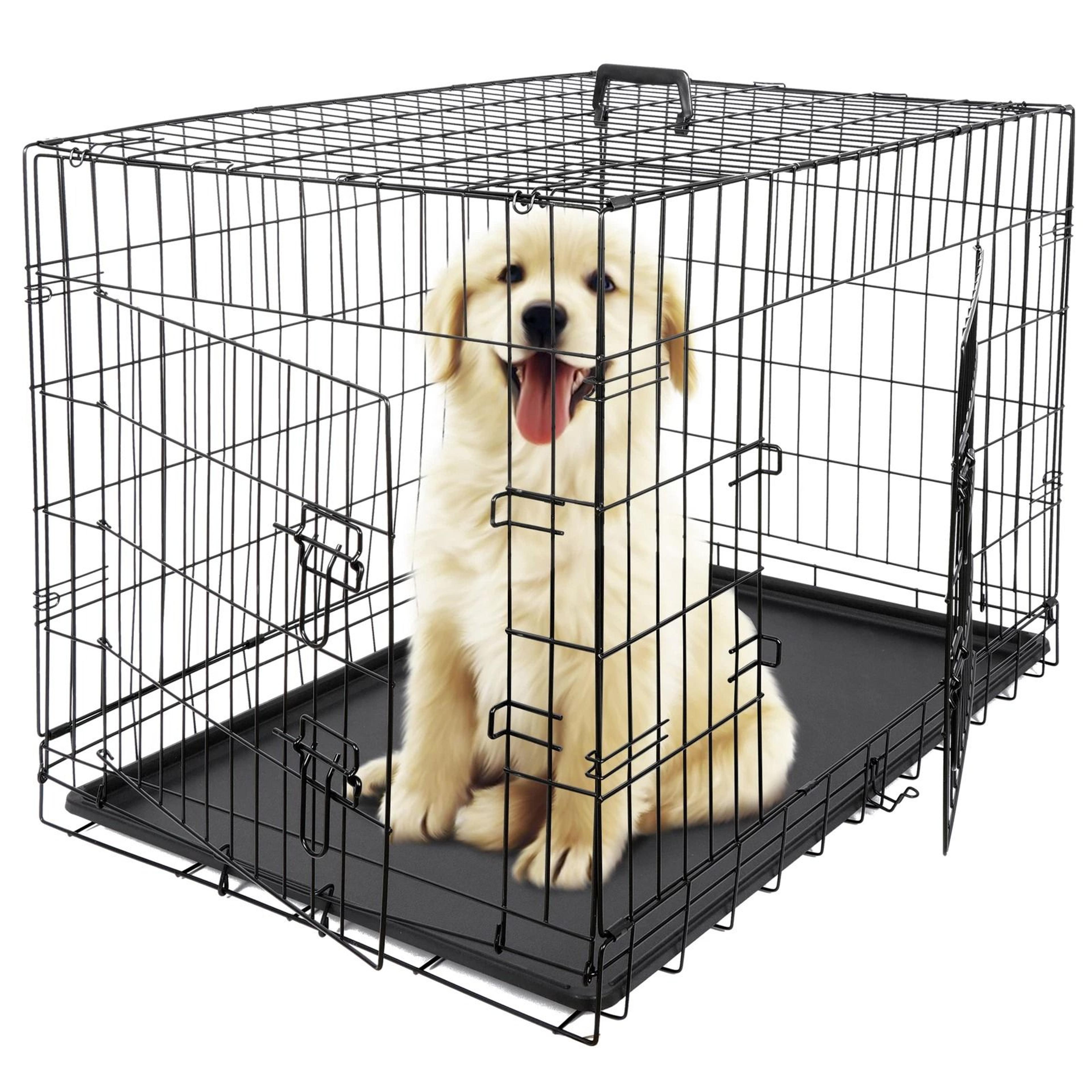 folding metal dog crate for large dogs, wire dog kennels, black, heavy duty, leak-proof pan