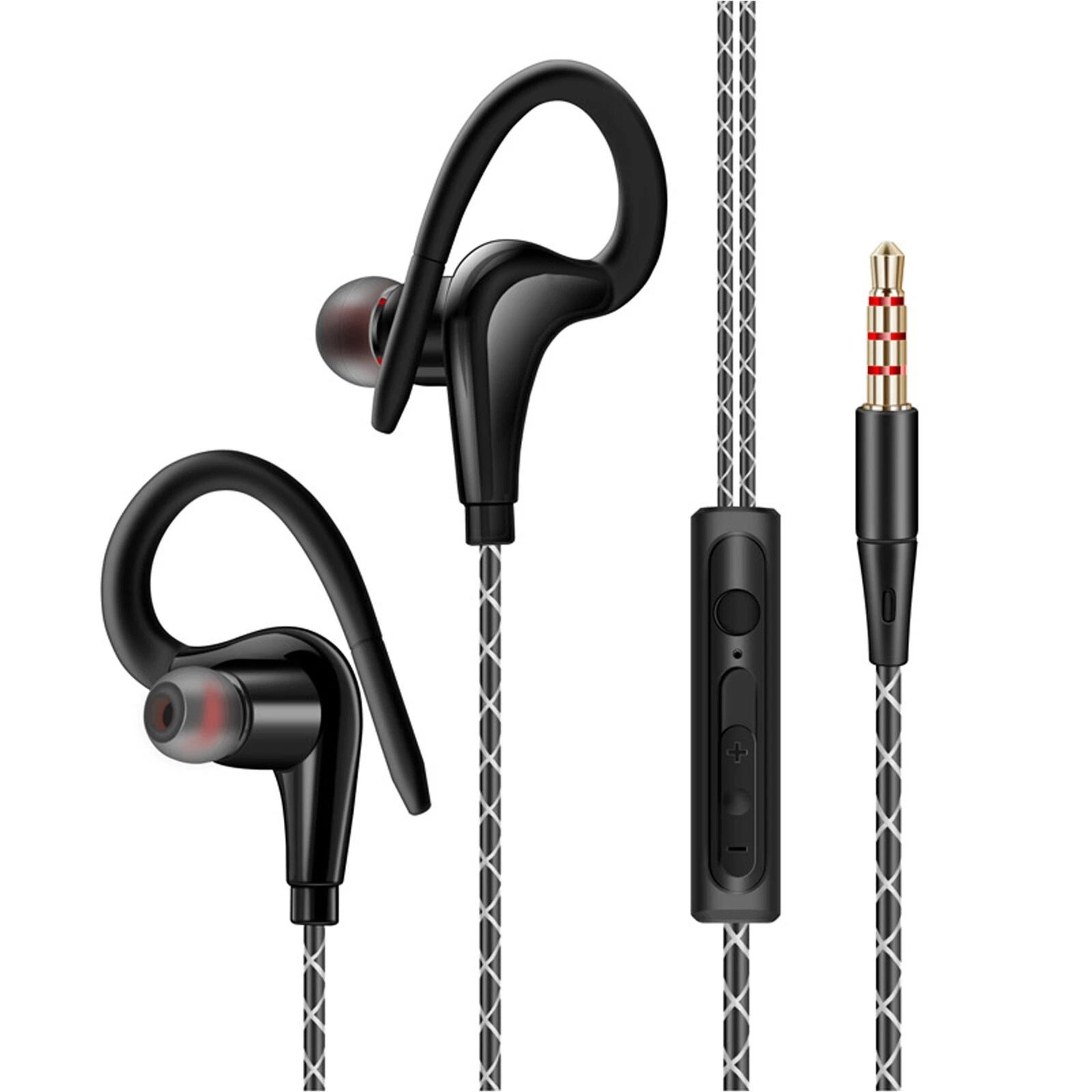 wired in-ear earbuds, sport headphones with ear hook and mic, perfect for exercise, running, and gym