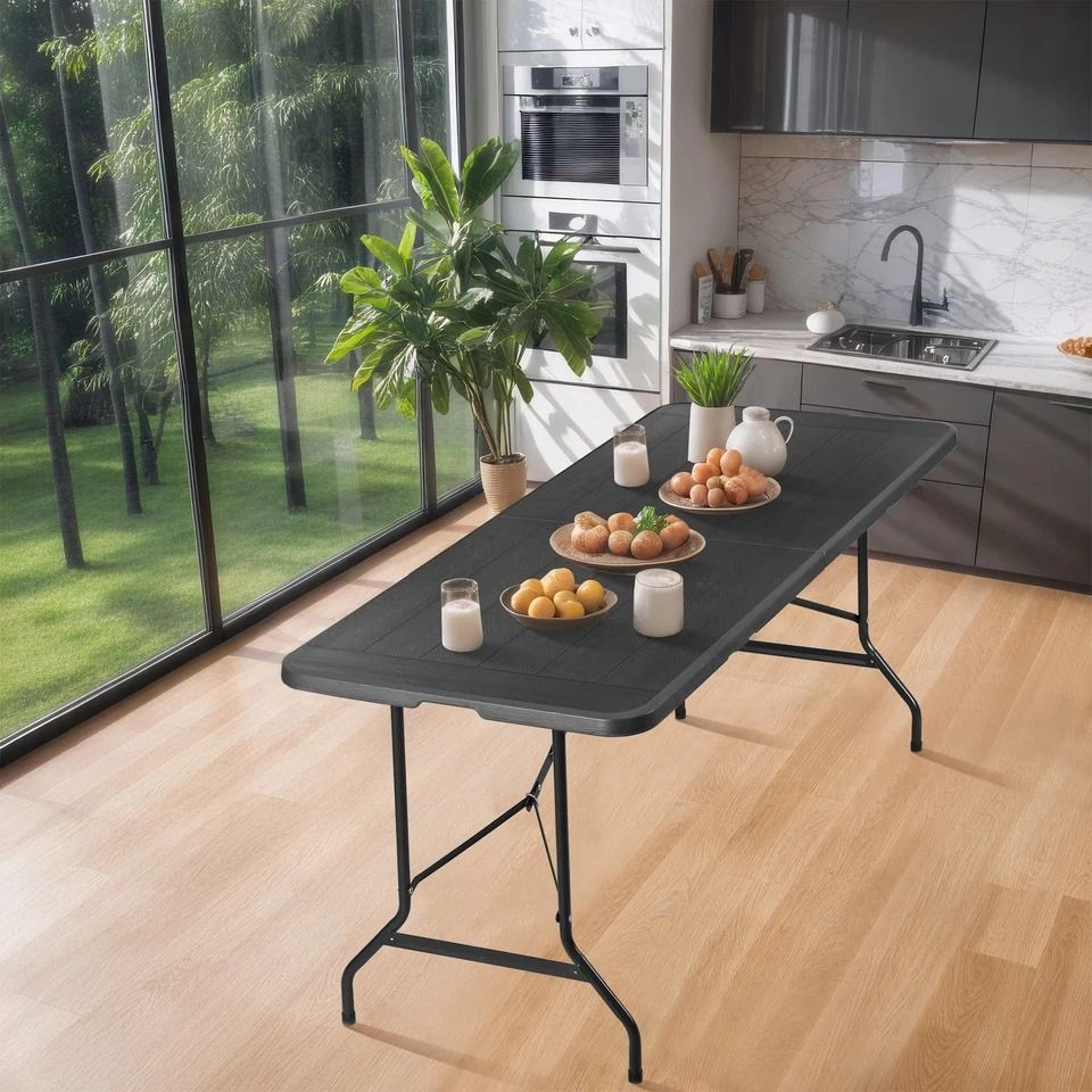 folding picnic table, black plastic for camping, backyard bbq, and garden use