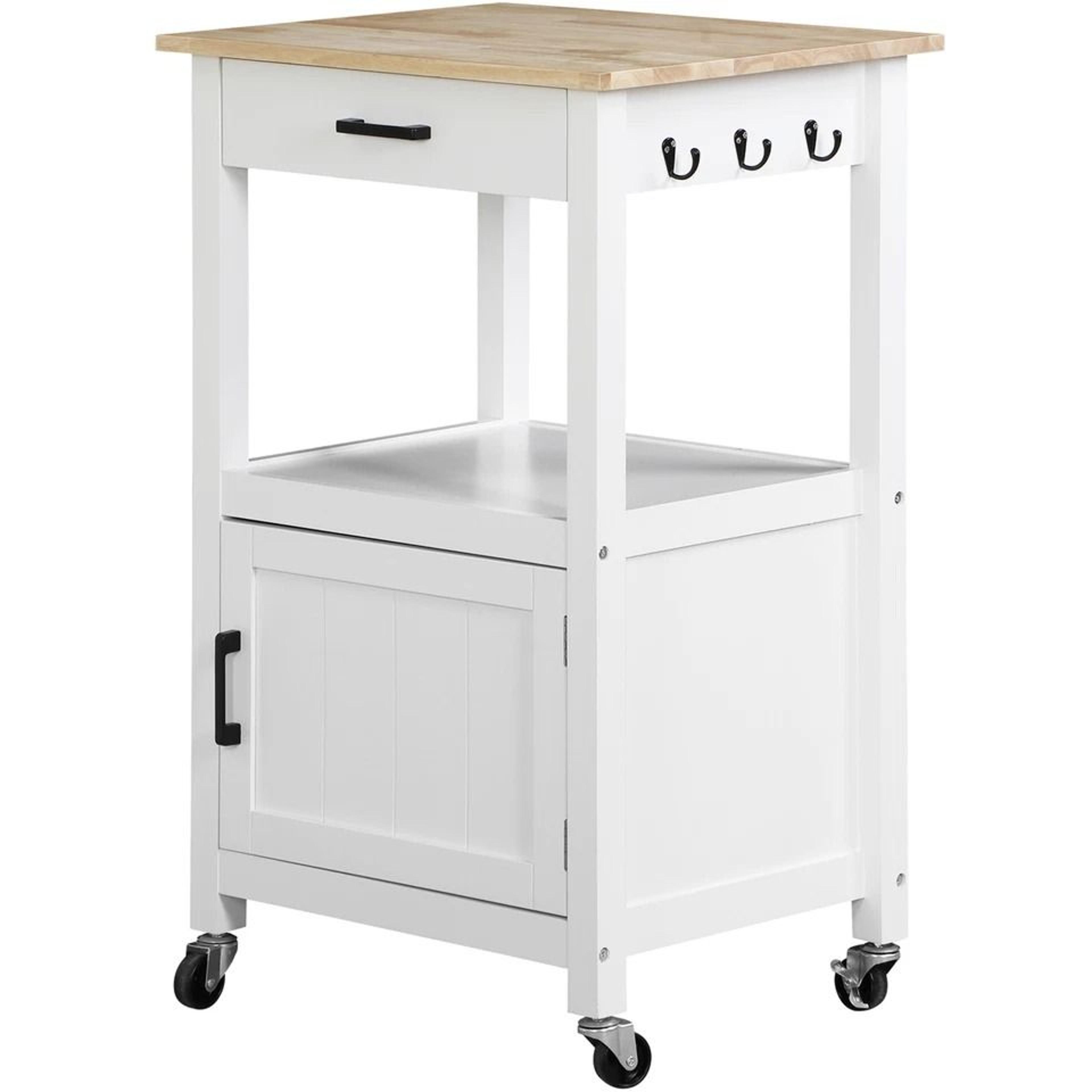 white rolling kitchen cart on wheels, extra counter space, perfect for dining room and kitchen organization