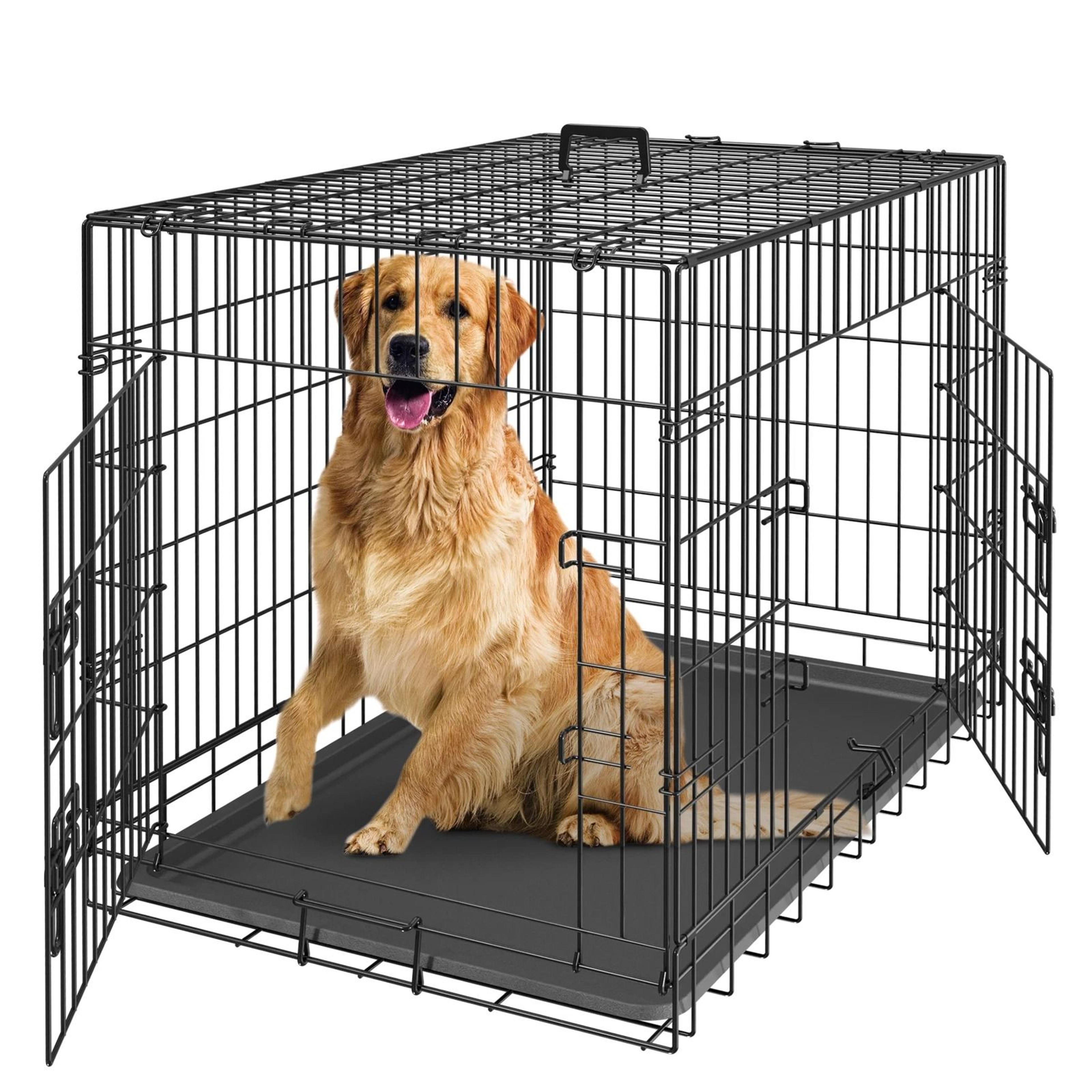 folding dog crate, large pet kennel with tray, indoor dog house, sturdy metal cage, portable and travel safe