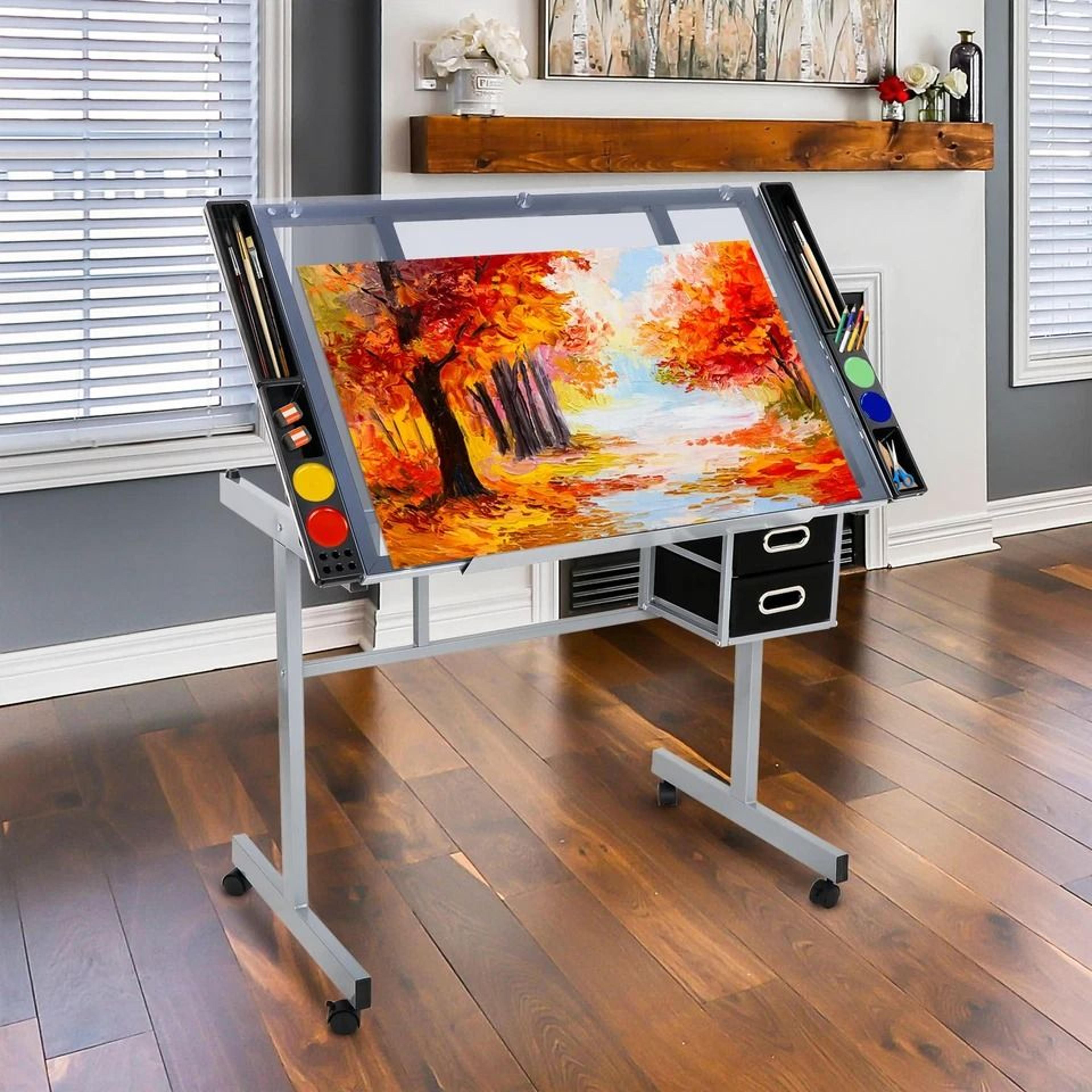 tempered glass adjustable drawing table, rolling drafting station, adjustable height work desk, storage and mobility