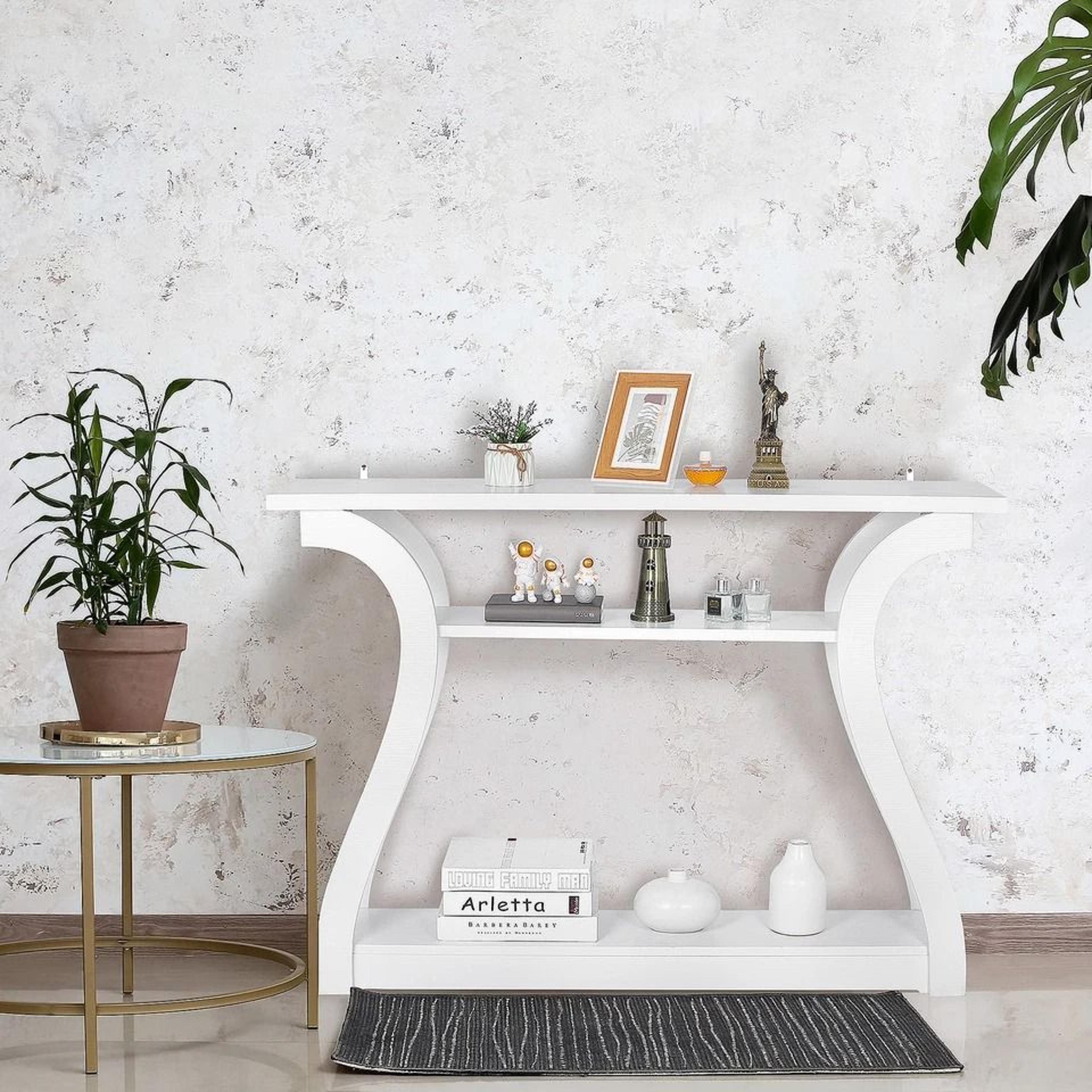 white modern console table, accent side table, entryway sofa display table for home decor