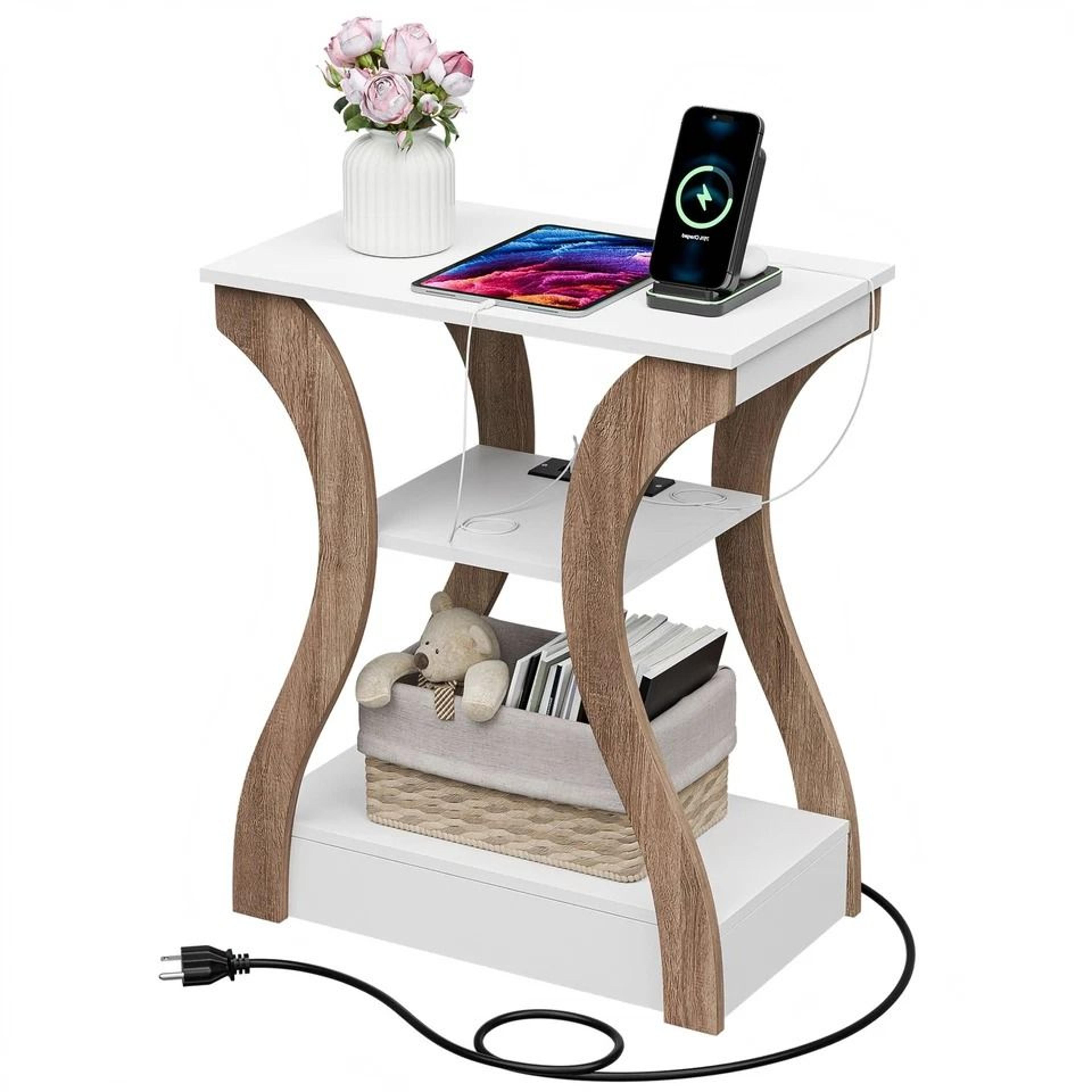 end table with charging station, white side table for bedroom, living room