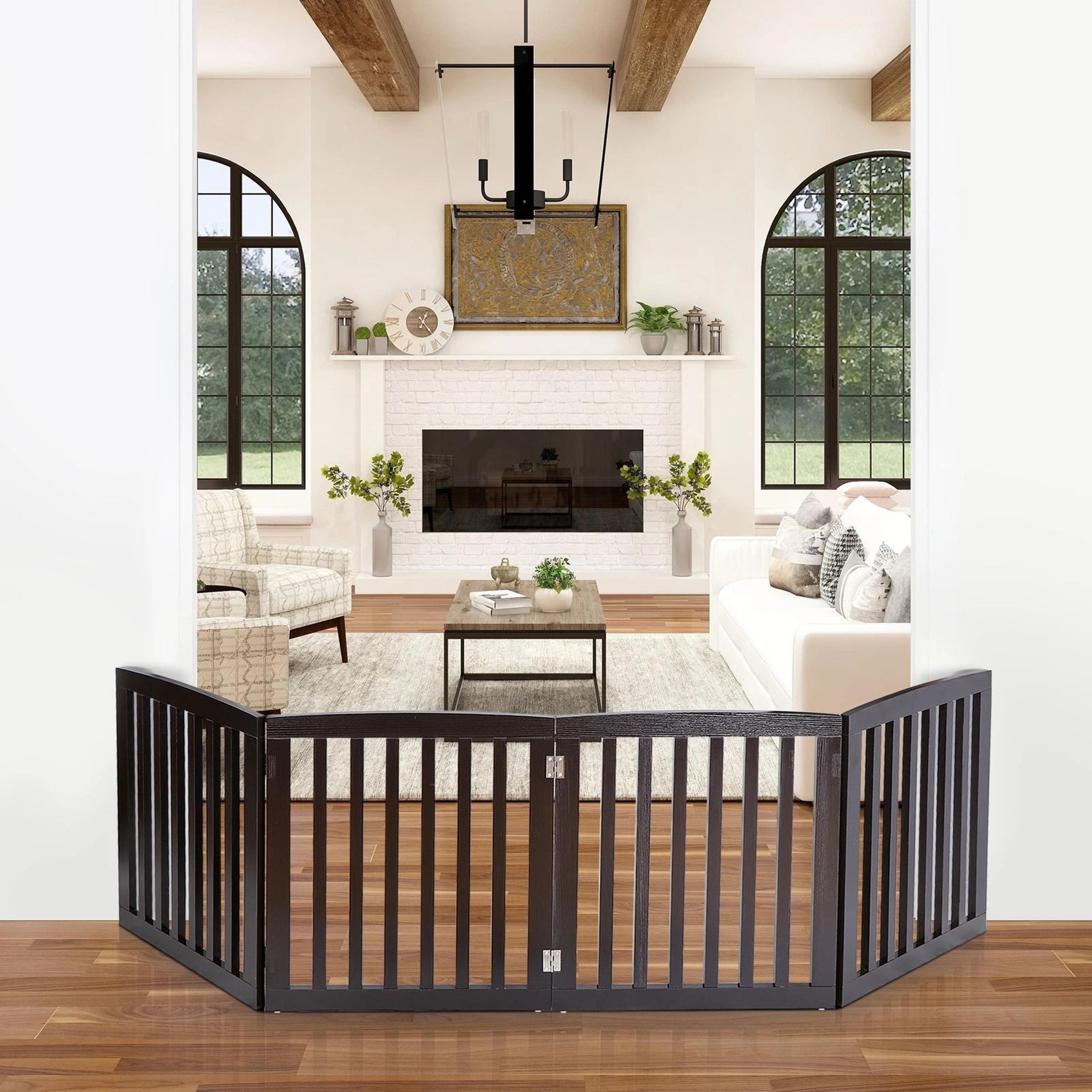 freestanding dog gate, pet safety barrier, mdf coffee colour panels, folding z-shape gate for doorways