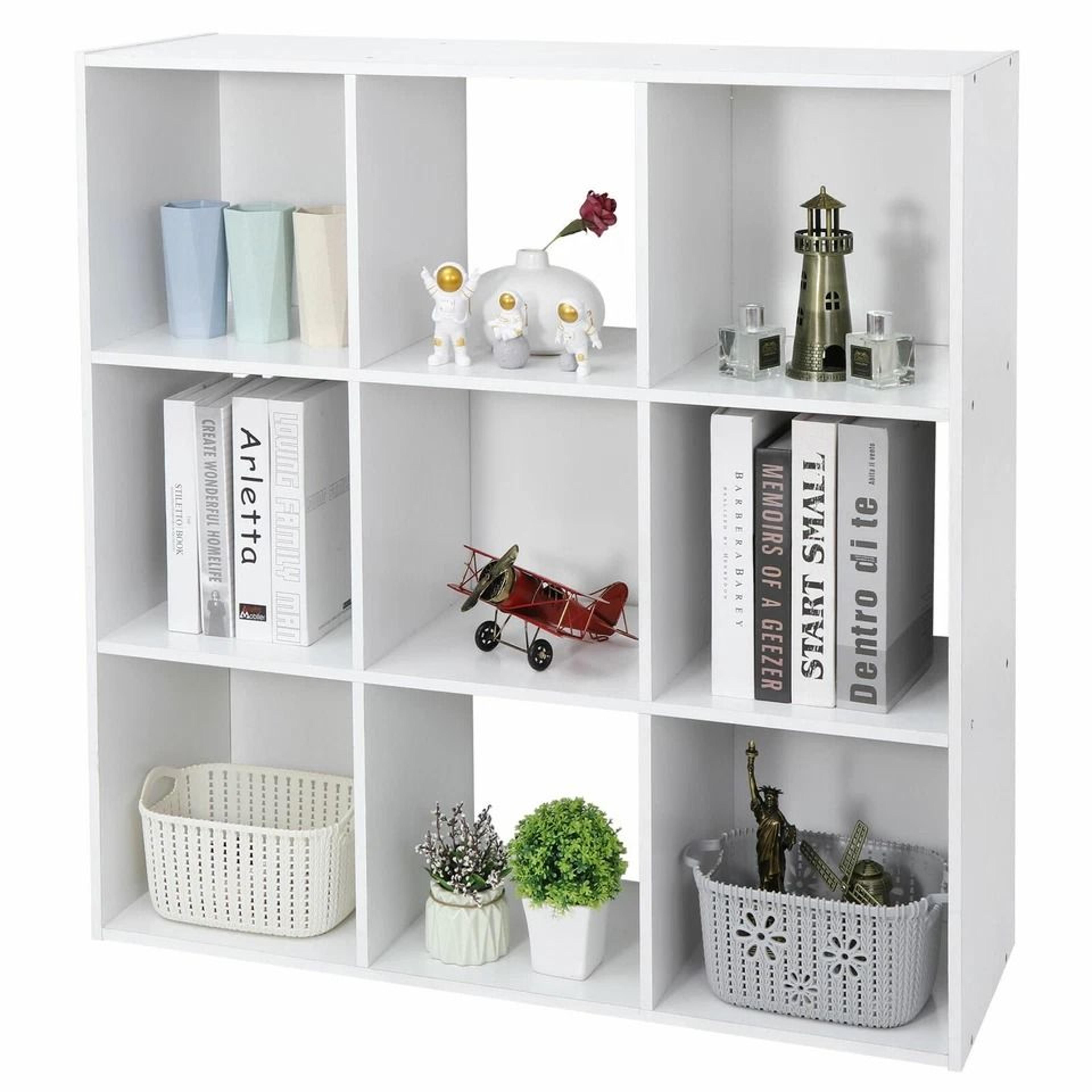 white storage organizer, cube closet organizer, bookcase shelving for living room or office