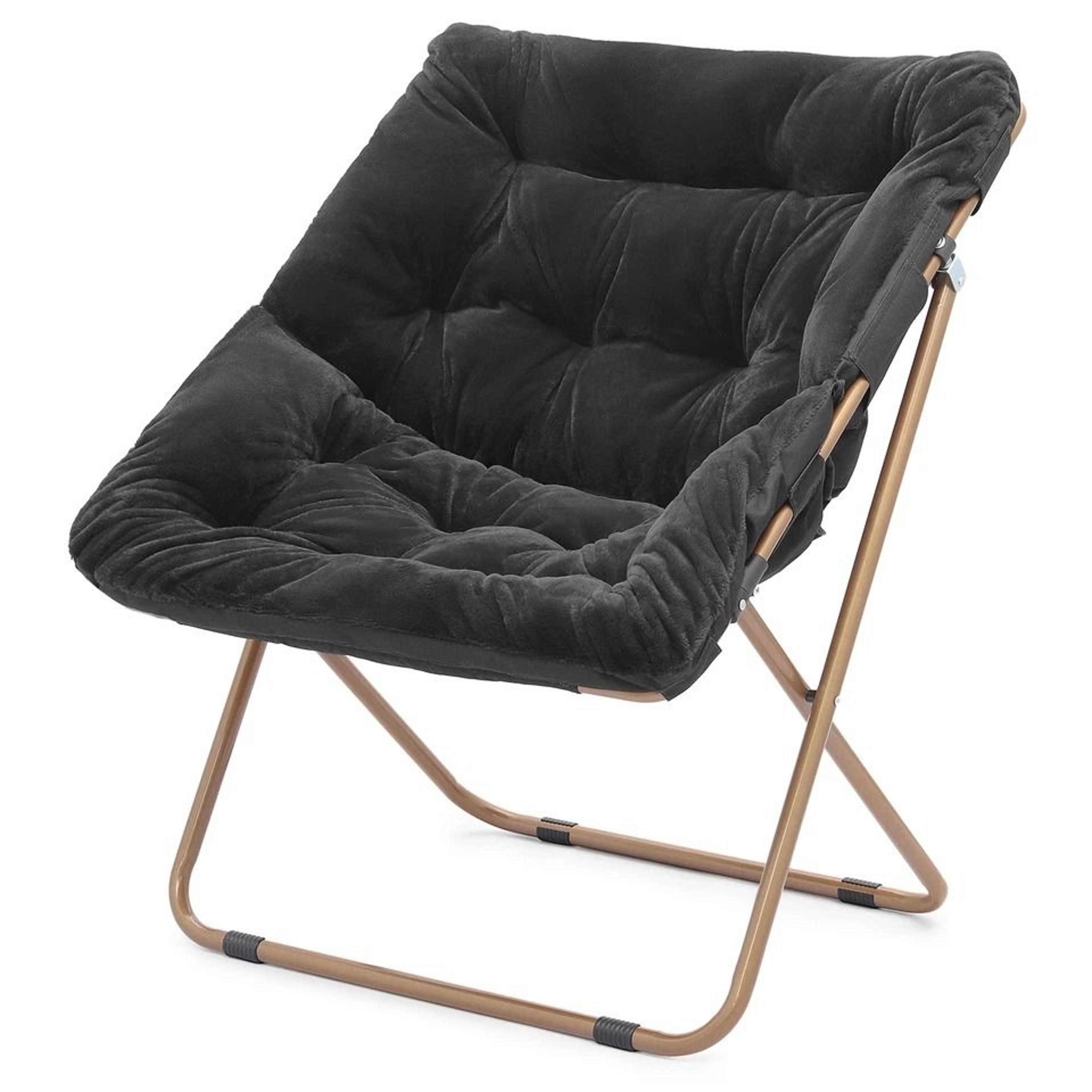 black folding saucer chair, soft faux fur lounge chair, cozy accent chair for bedroom, comfortable comfy chair for relax