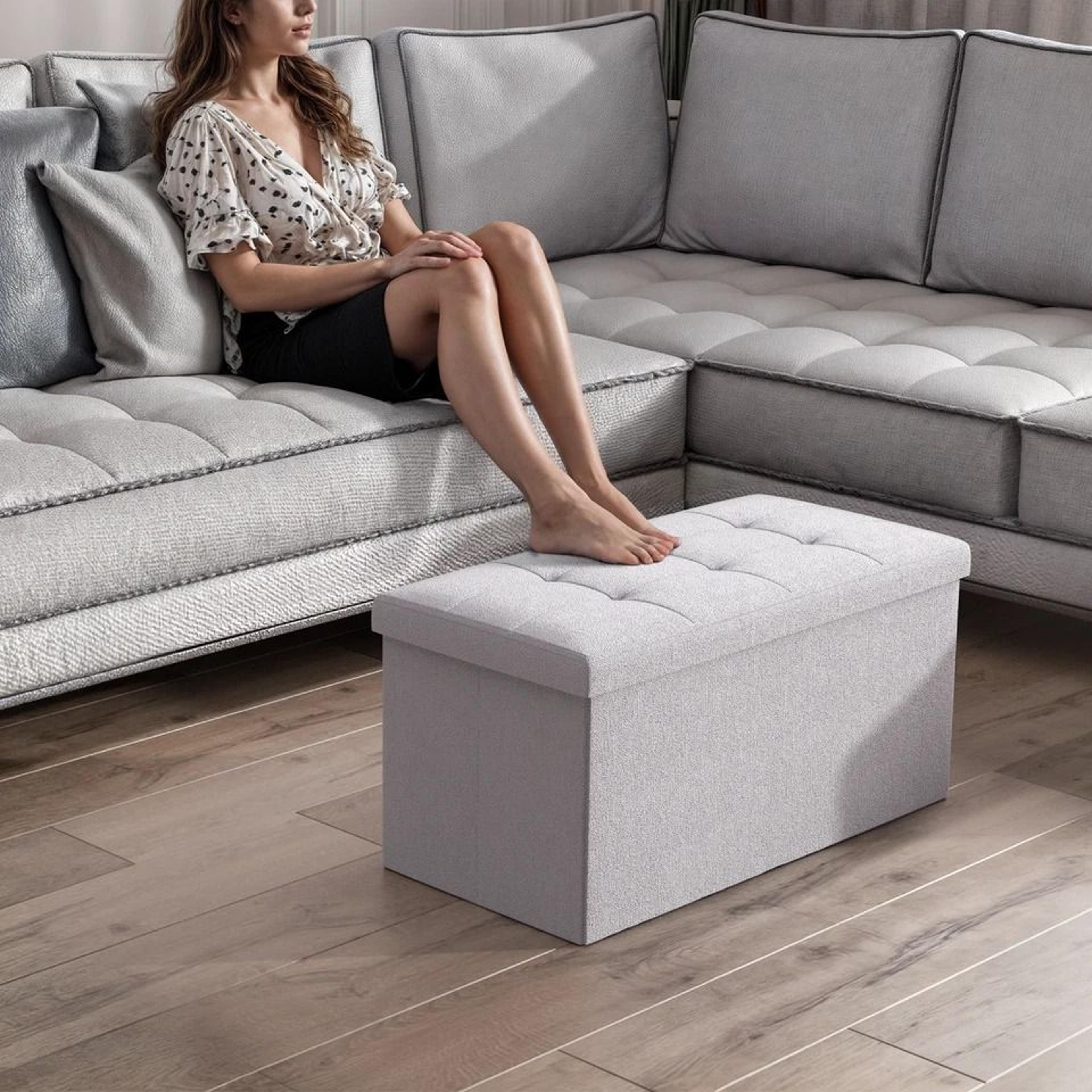 foldable storage ottoman, light gray foot stool bench with chest, flipping lid for extra seating