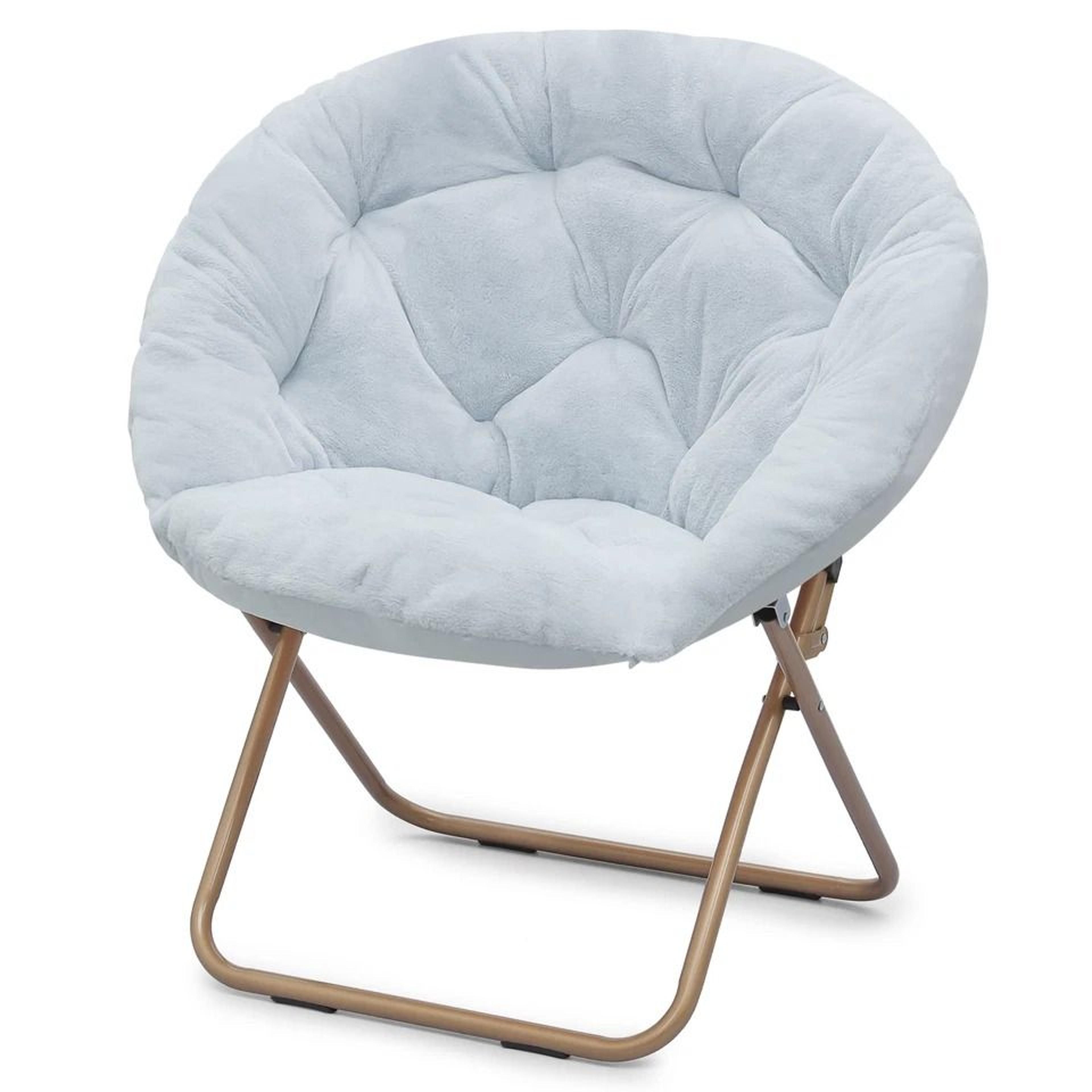 comfy moon lounge chair, folding saucer chair with blue cozy faux fur upholstery seat